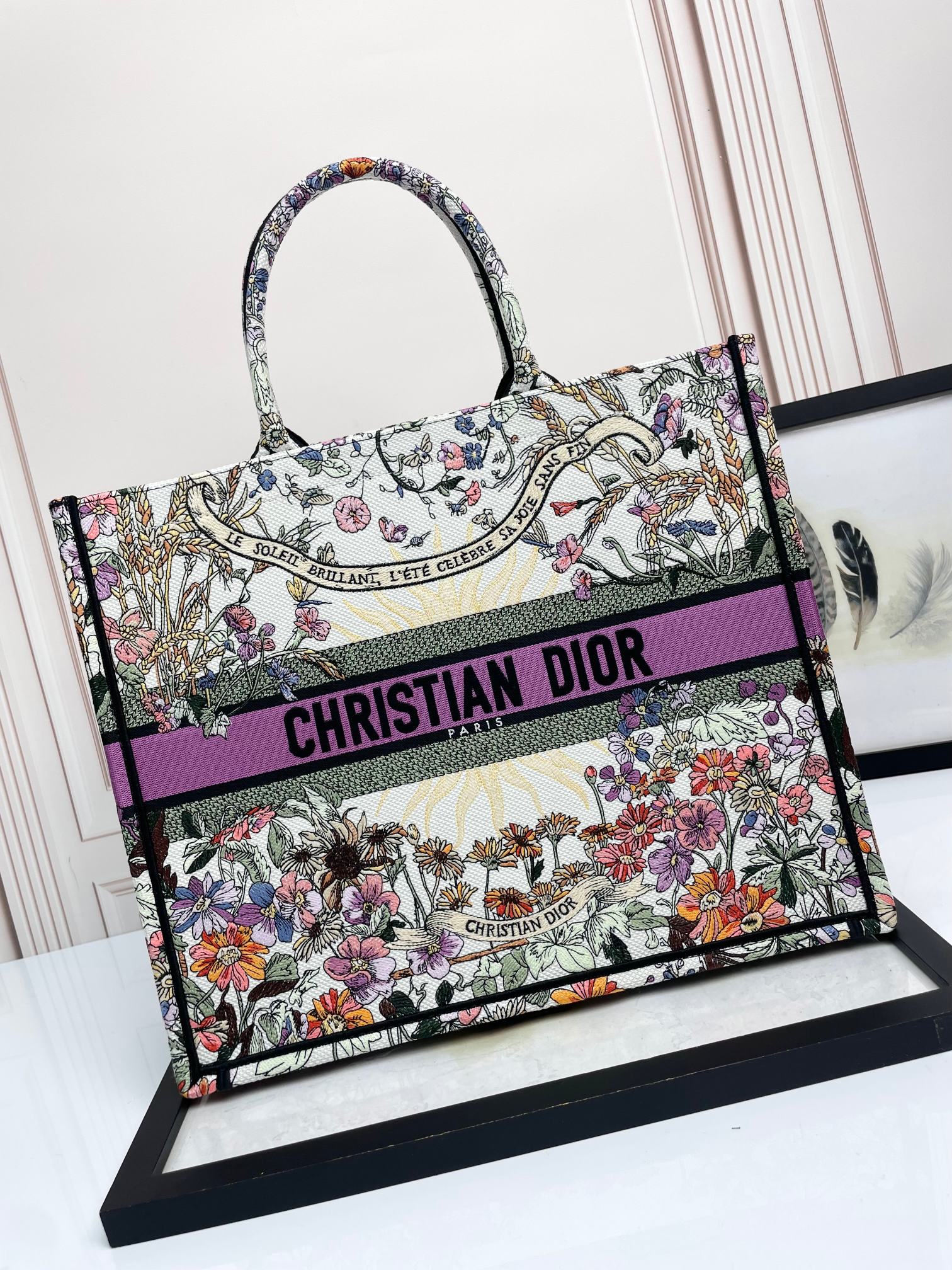 Christian Dior Medium Book Tote - Floral Embroidered Canvas Bag - Purple/Multicolor