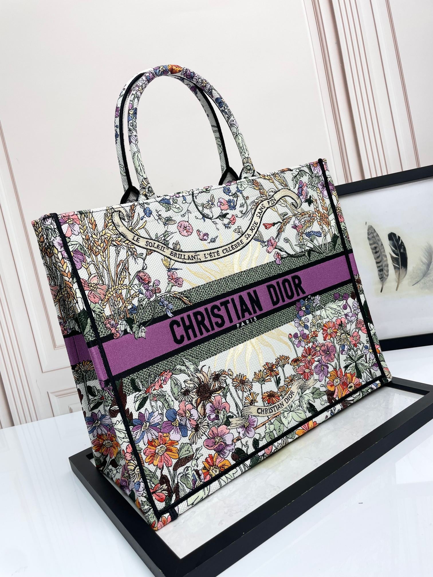 Christian Dior Medium Book Tote - Floral Embroidered Canvas Bag - Purple/Multicolor