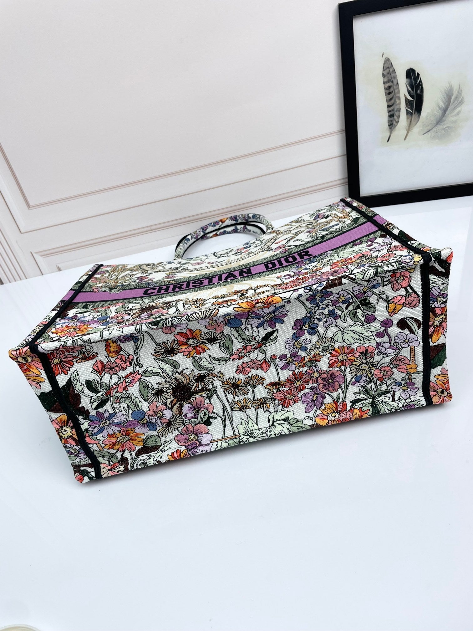 Christian Dior Medium Book Tote - Floral Embroidered Canvas Bag - Purple/Multicolor