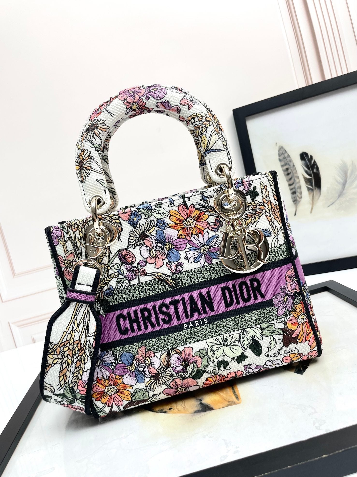 Christian Dior Lady D-Lite Embroidered Floral Handbag - Multicolor