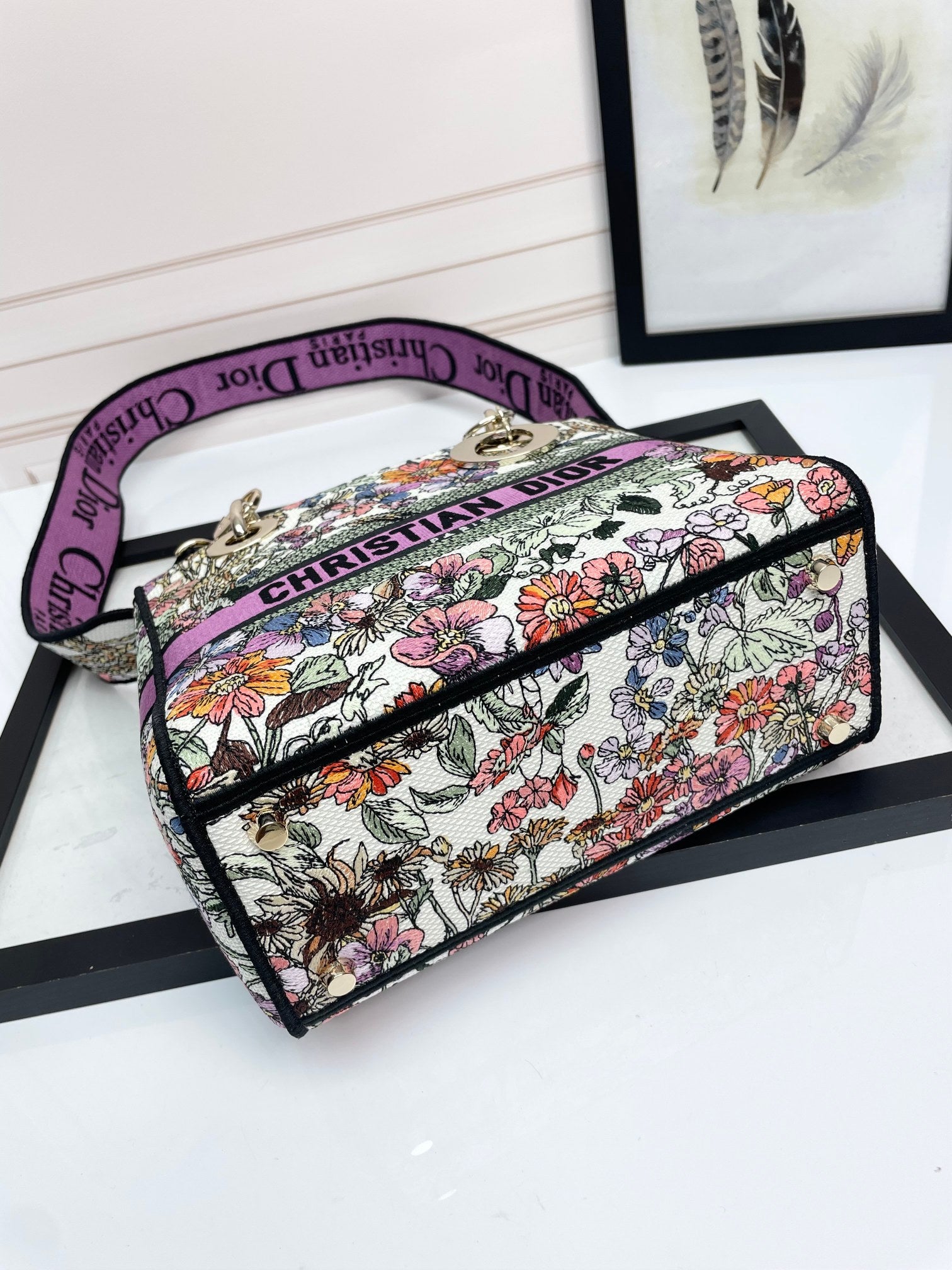 Dior Colorful Floral Embroidered Canvas Top Handle Handbag for Women