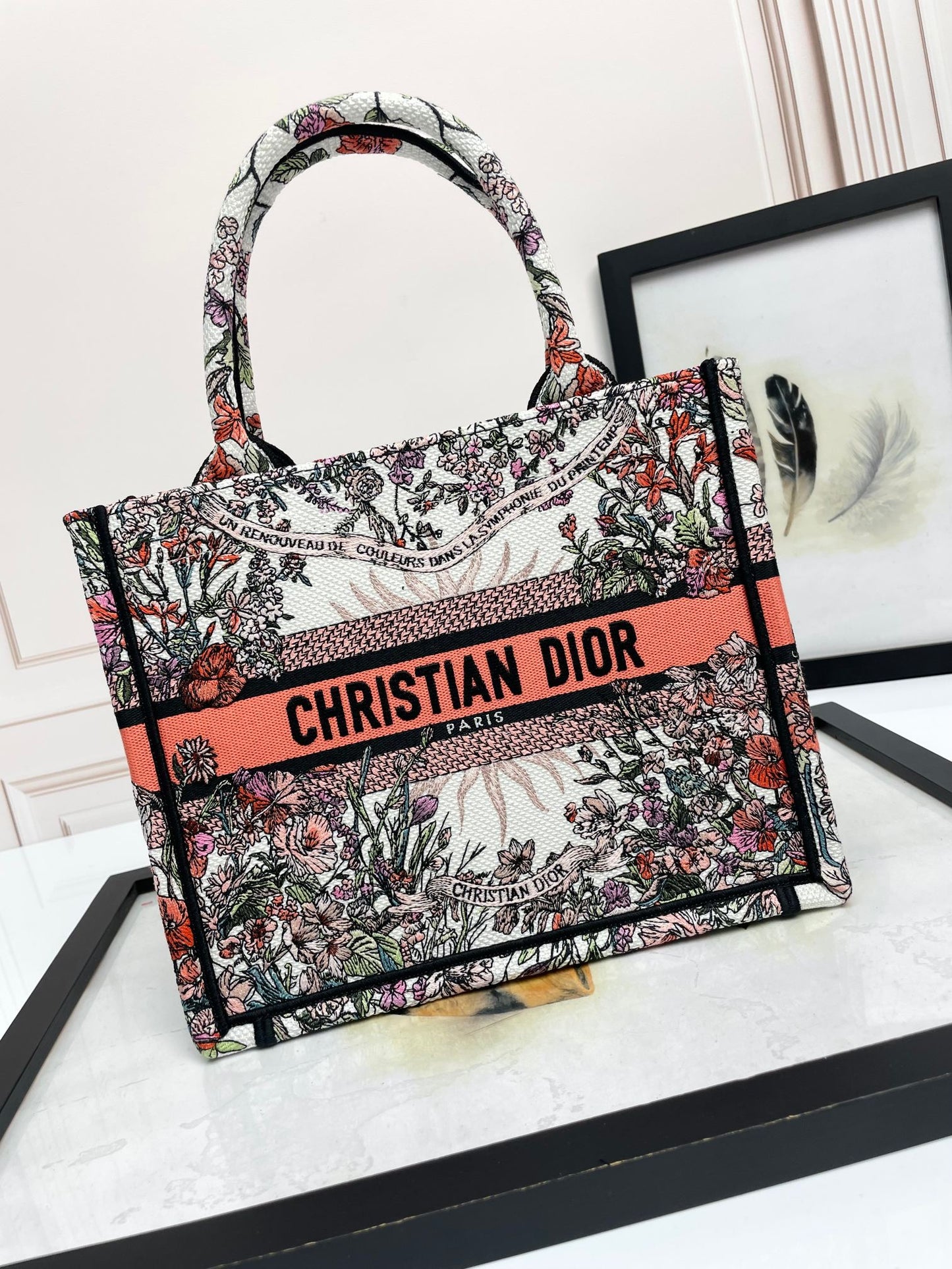 Christian Dior Small Book Tote Bag Botanical Floral Canvas - Pink Multicolor