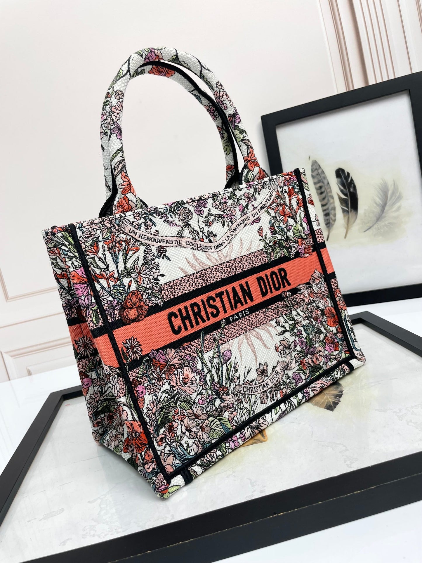 Christian Dior Small Book Tote Bag Botanical Floral Canvas - Pink Multicolor