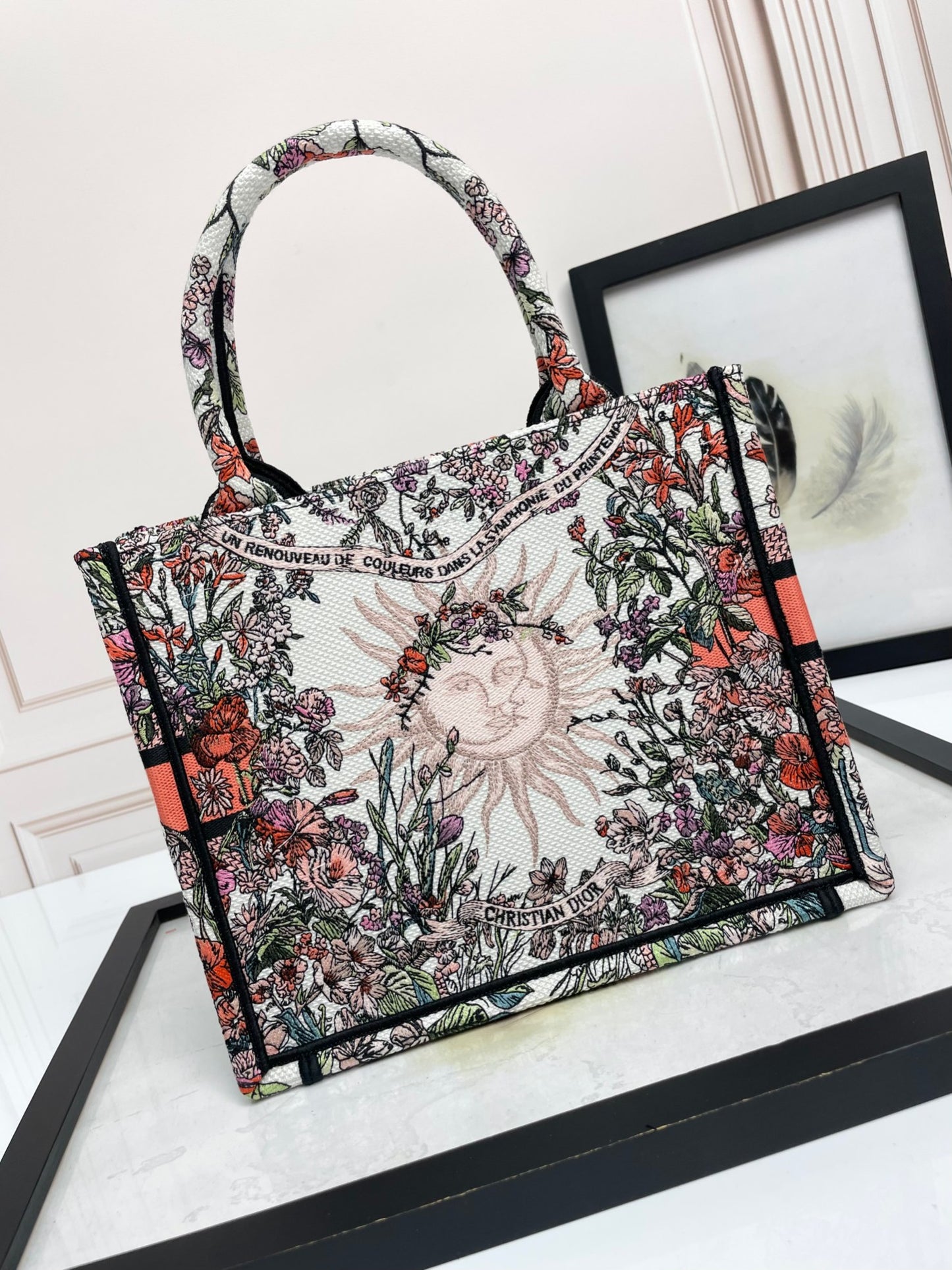 Dior Embroidered Floral Canvas Tote Bag with Contrast Band