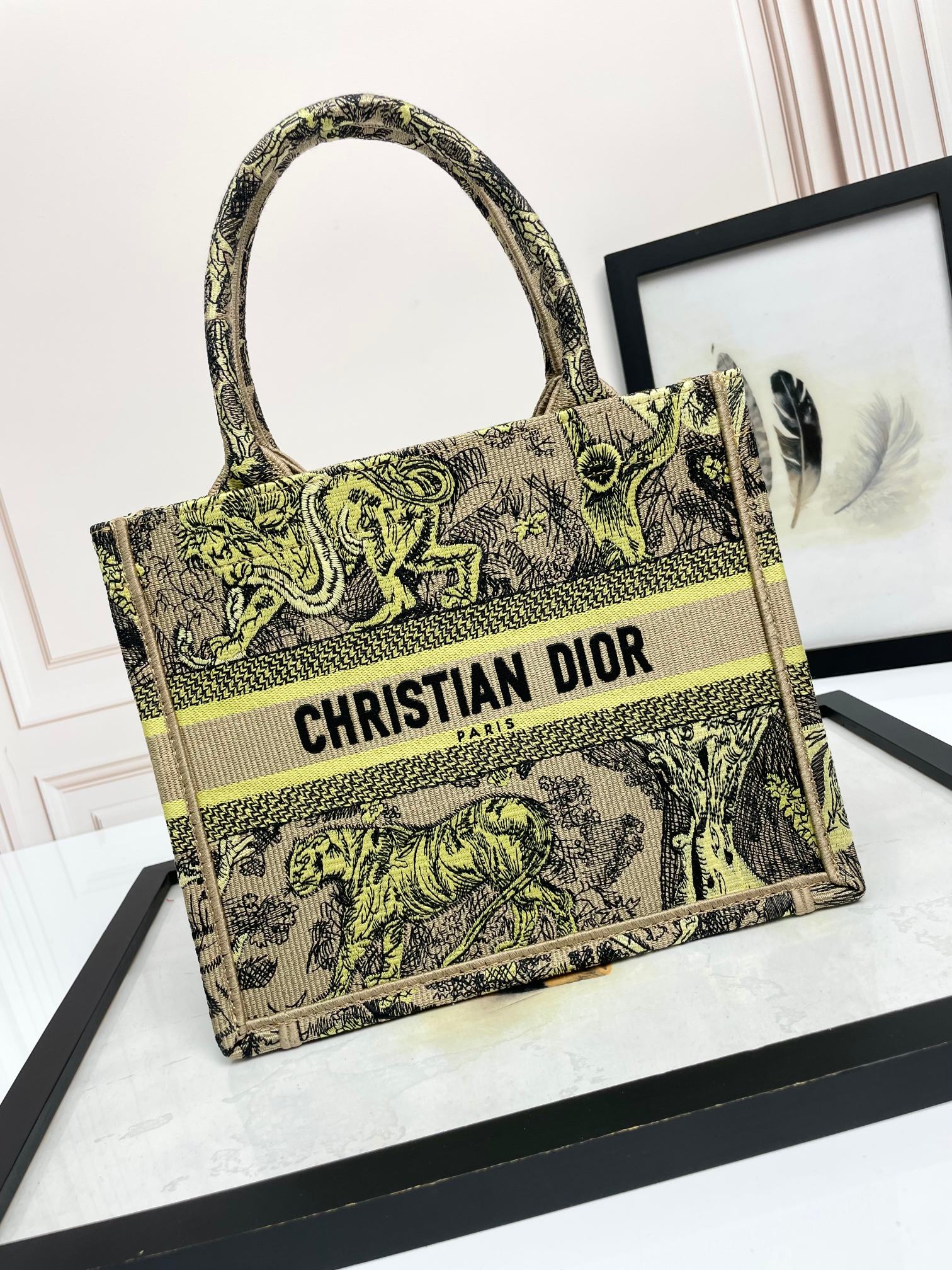 Christian Dior Book Tote Yellow and Beige Toile de Jouy Sauvage Embroidery