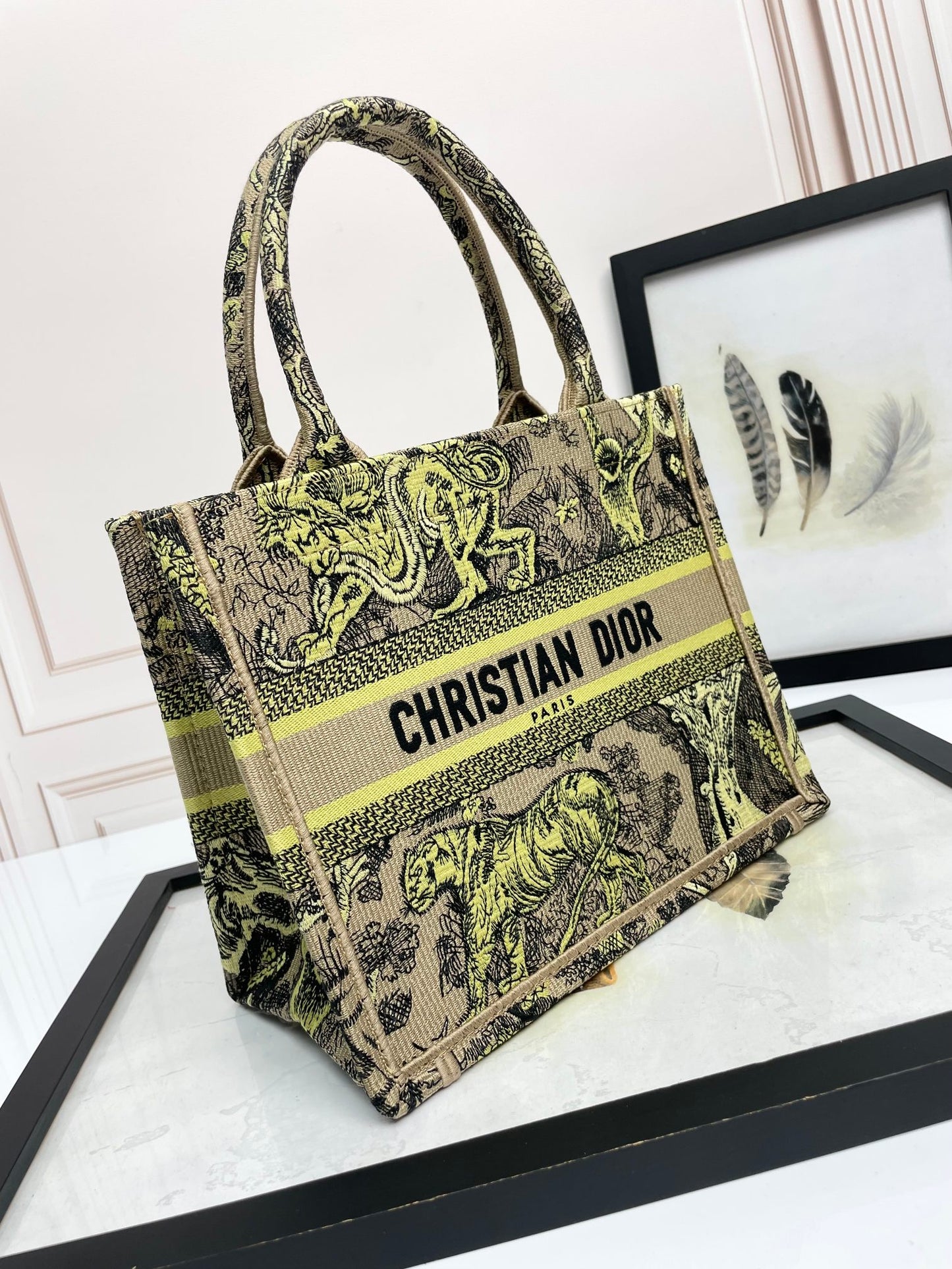 Christian Dior Medium Book Tote Yellow Multicolored Tiger Embroidered Canvas Bag