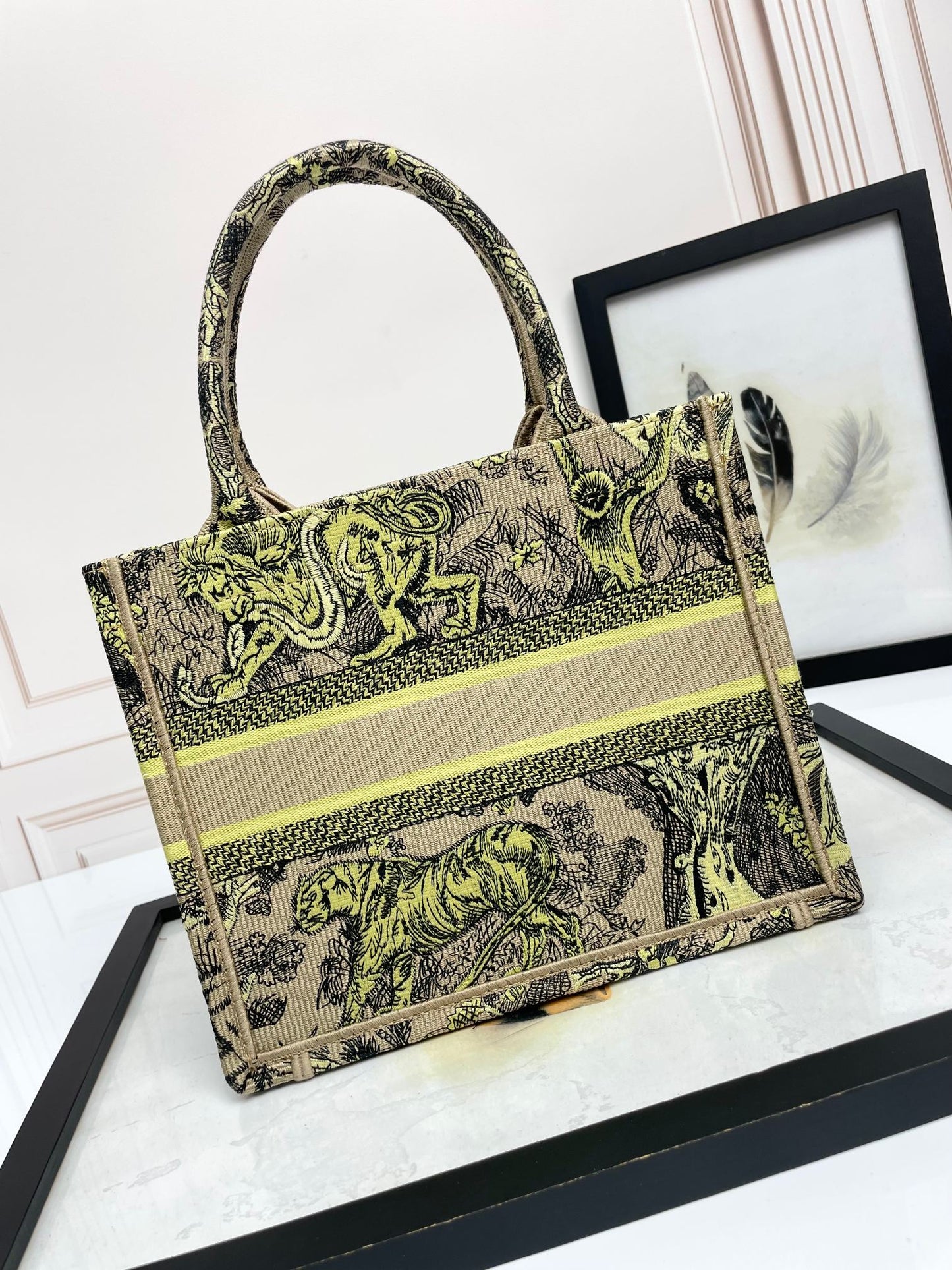 Christian Dior Book Tote Yellow and Beige Toile de Jouy Sauvage Embroidery