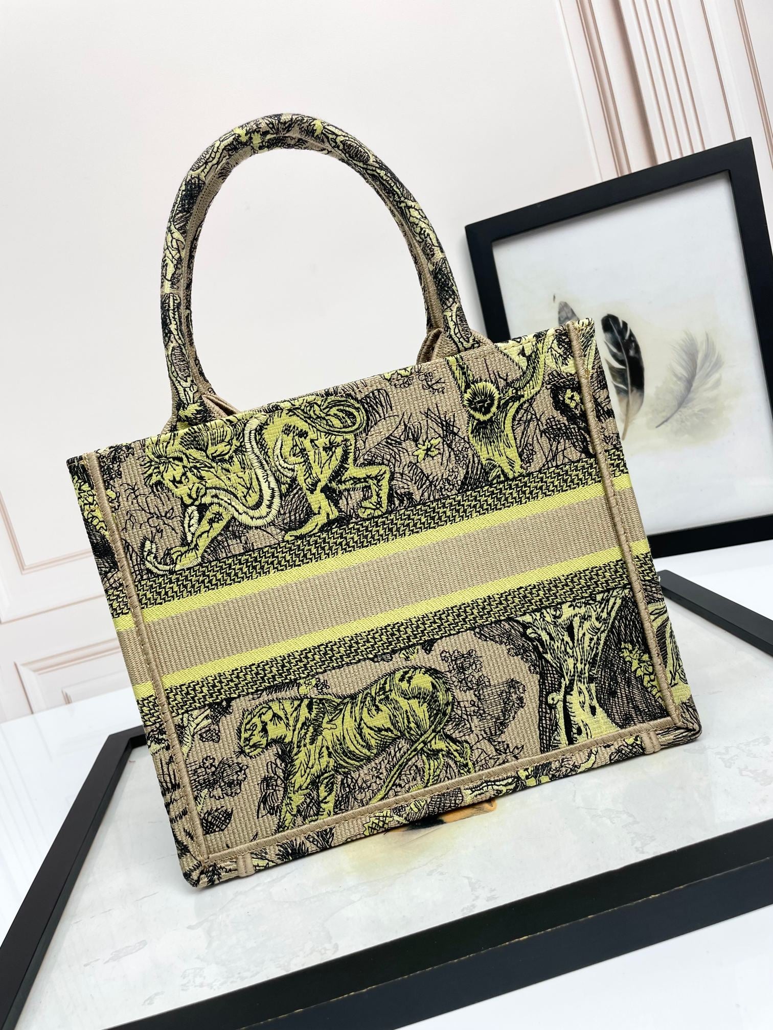 Christian Dior Book Tote Yellow and Beige Toile de Jouy Sauvage Embroidery