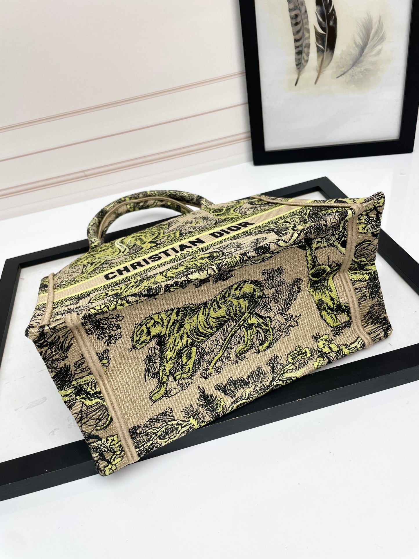 Christian Dior Book Tote Yellow and Beige Toile de Jouy Sauvage Embroidery