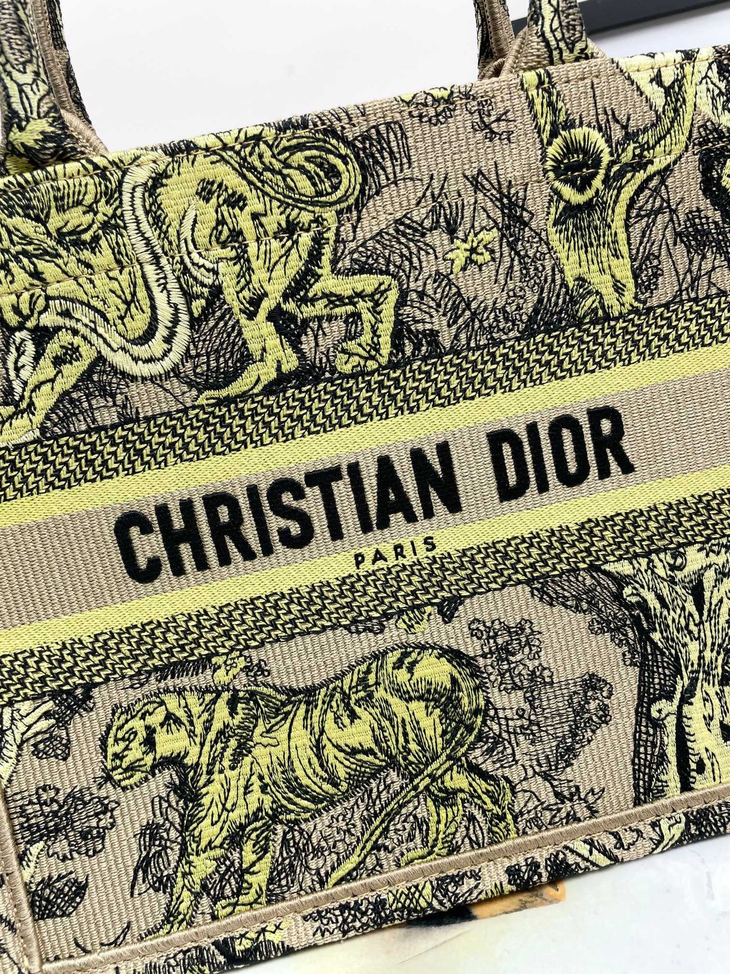 Christian Dior Book Tote Yellow and Beige Toile de Jouy Sauvage Embroidery