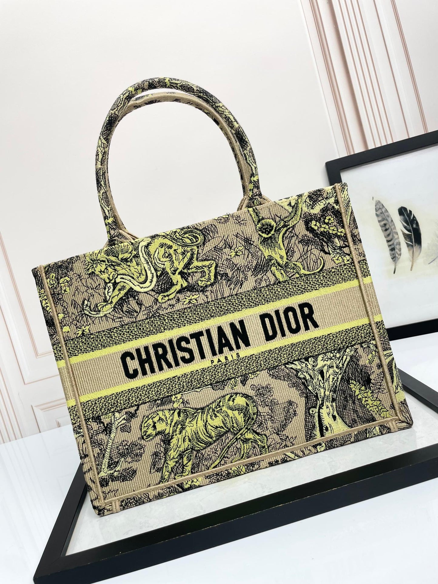 Christian Dior Medium Book Tote Lime Green Toile de Jouy Sauvage Embroidery