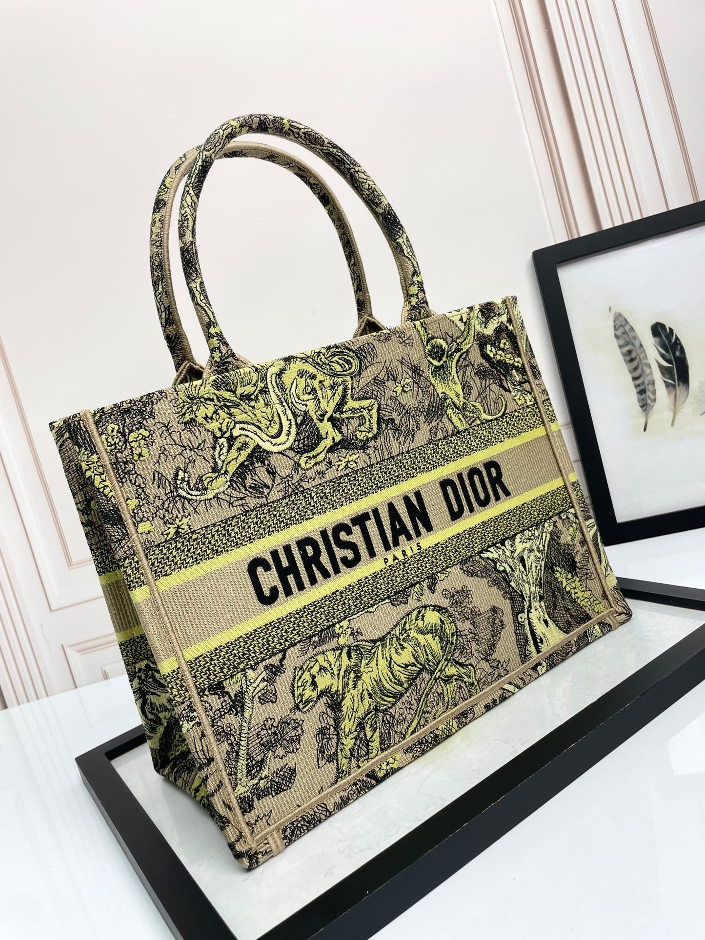 Christian Dior Medium Book Tote Toile de Jouy Tiger Embroidery Bag
