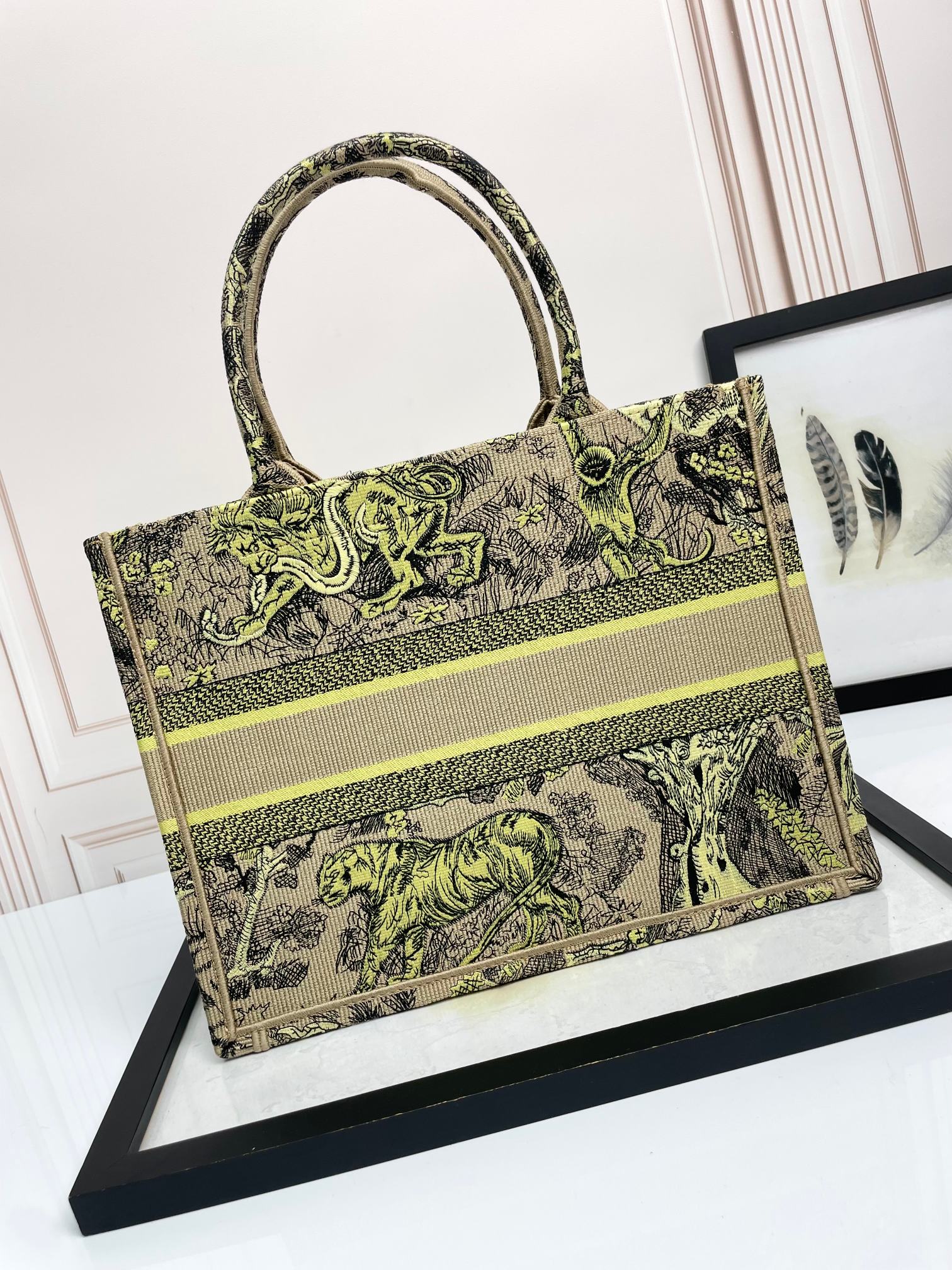 Christian Dior Medium Book Tote Lime Green Toile de Jouy Sauvage Embroidery