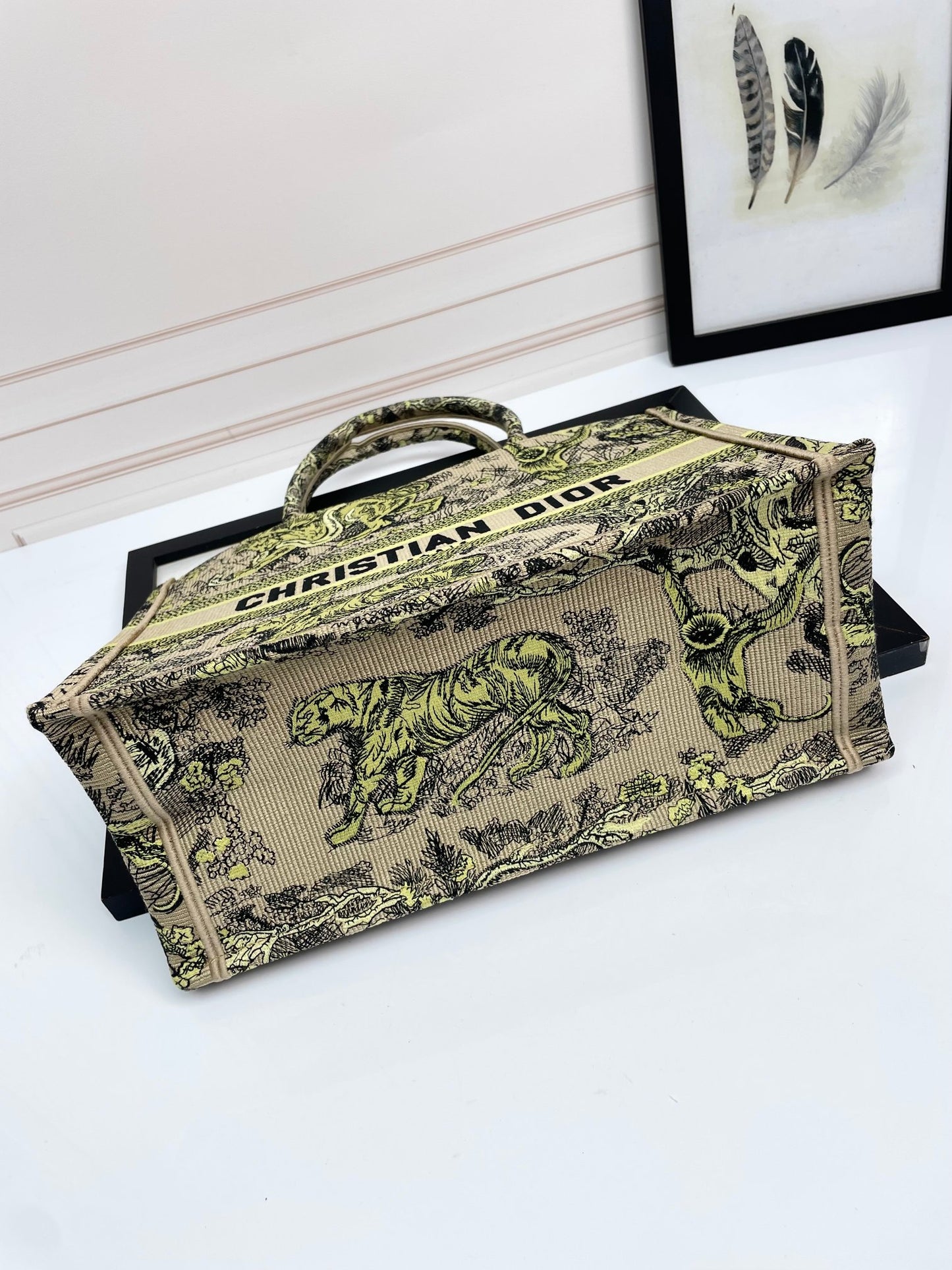 Christian Dior Medium Book Tote Lime Green Toile de Jouy Sauvage Embroidery