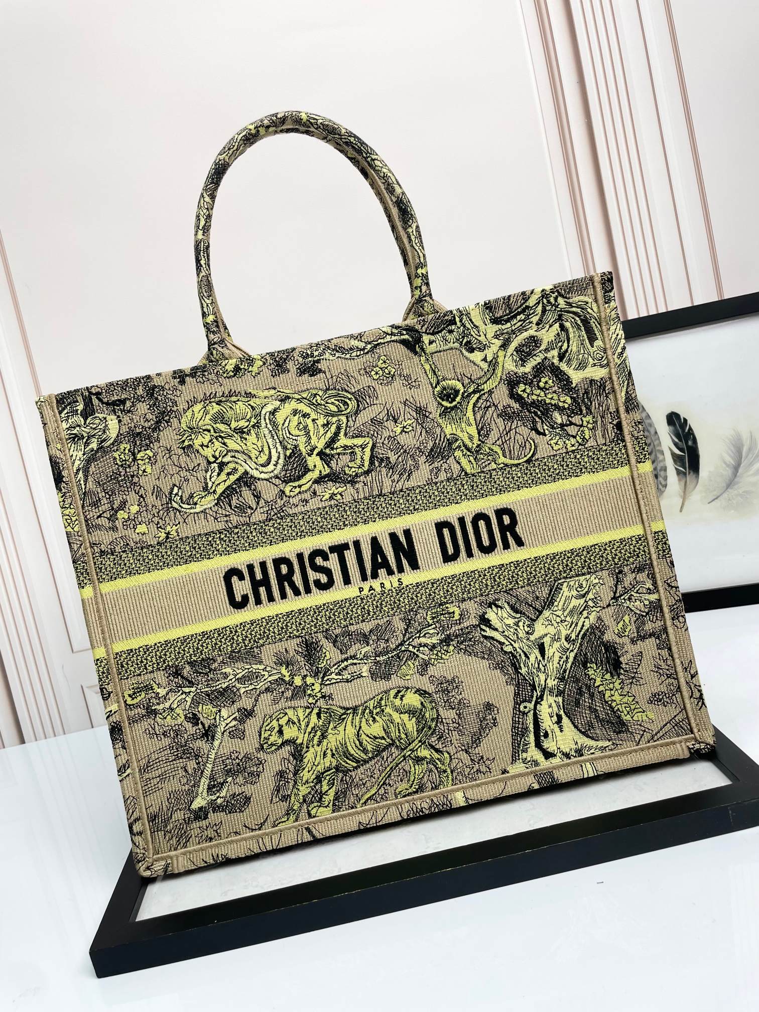 Christian Dior Large Book Tote Bag - Beige and Green Toile de Jouy Canvas