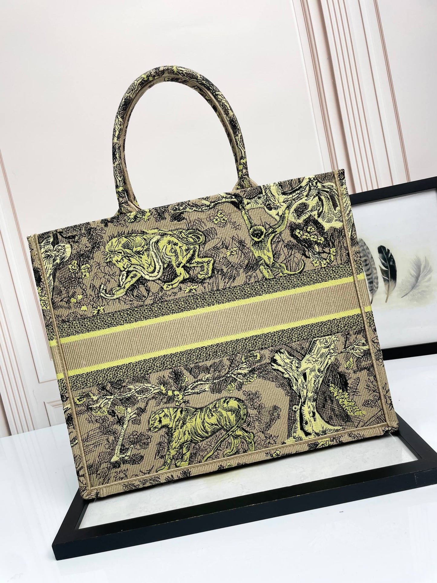 Christian Dior Large Book Tote Bag - Beige and Green Toile de Jouy Canvas