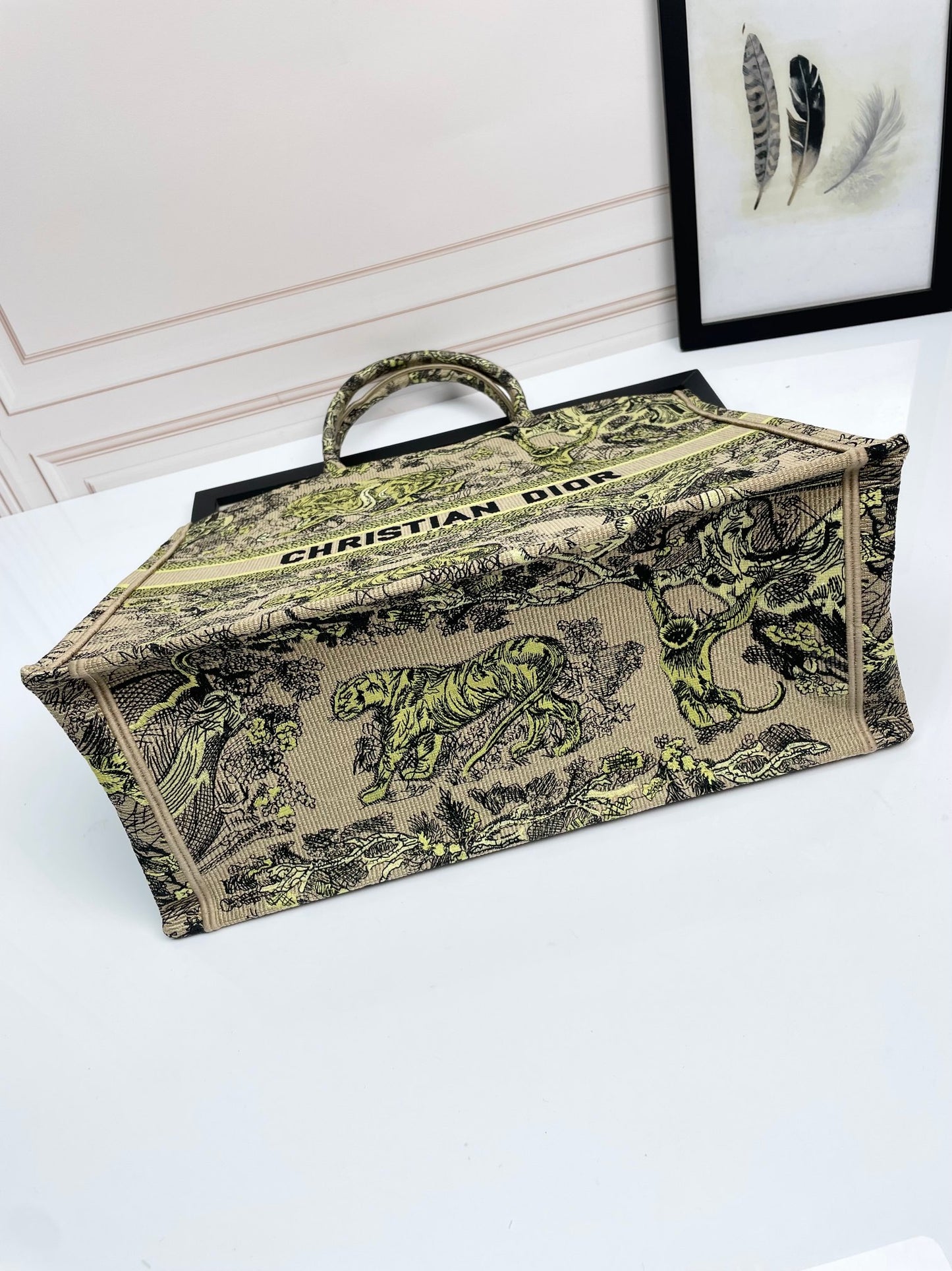 Christian Dior Large Book Tote Bag - Beige and Green Toile de Jouy Canvas