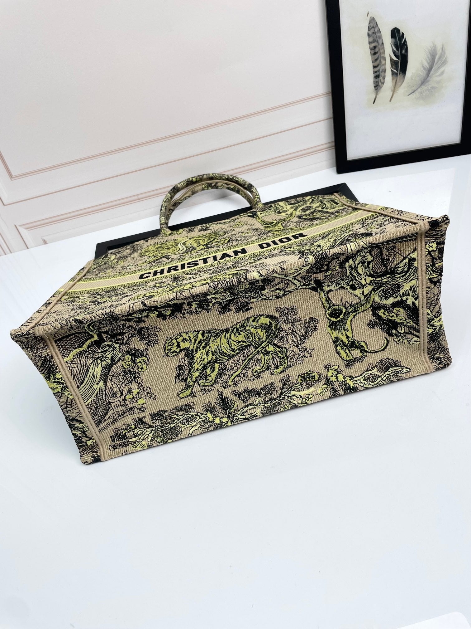 Christian Dior Large Book Tote Bag - Beige and Green Toile de Jouy Canvas