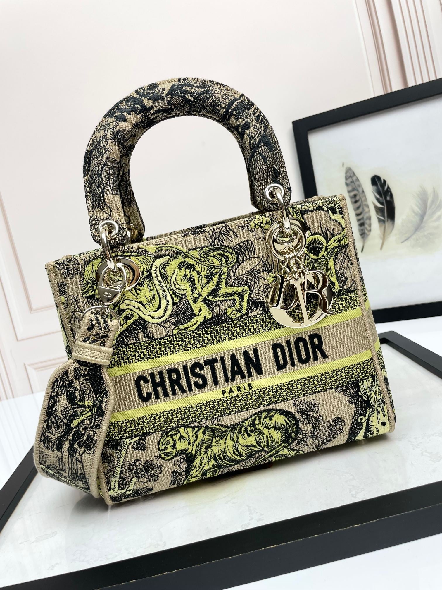 Christian Dior Lady D-Lite Bag - Green & Beige Embroidered Toile de Jouy