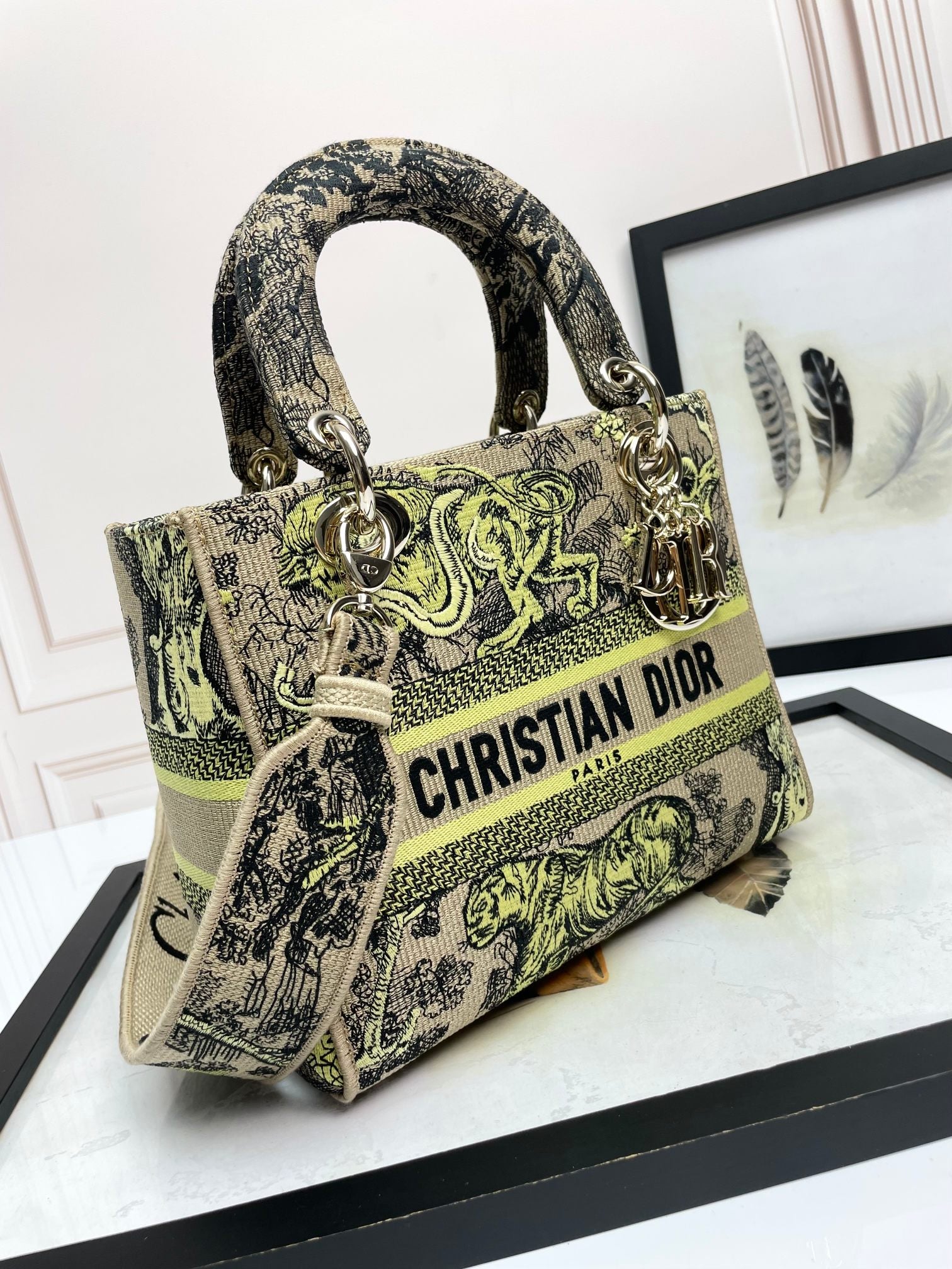Christian Dior Lady D-Lite Bag - Green & Beige Embroidered Toile de Jouy