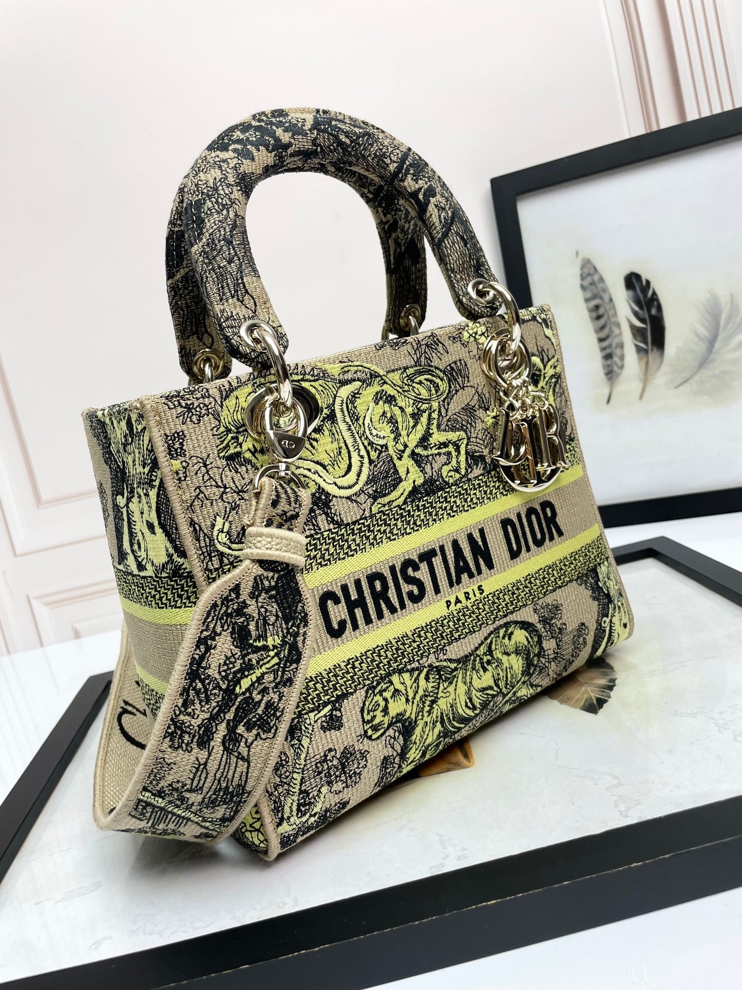 Christian Dior Lady D-Lite Bag Yellow Reverse Toile de Jouy Embroidery Medium