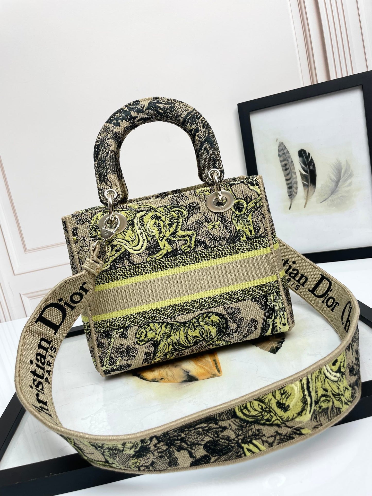 Christian Dior Lady D-Lite Bag - Green & Beige Embroidered Toile de Jouy