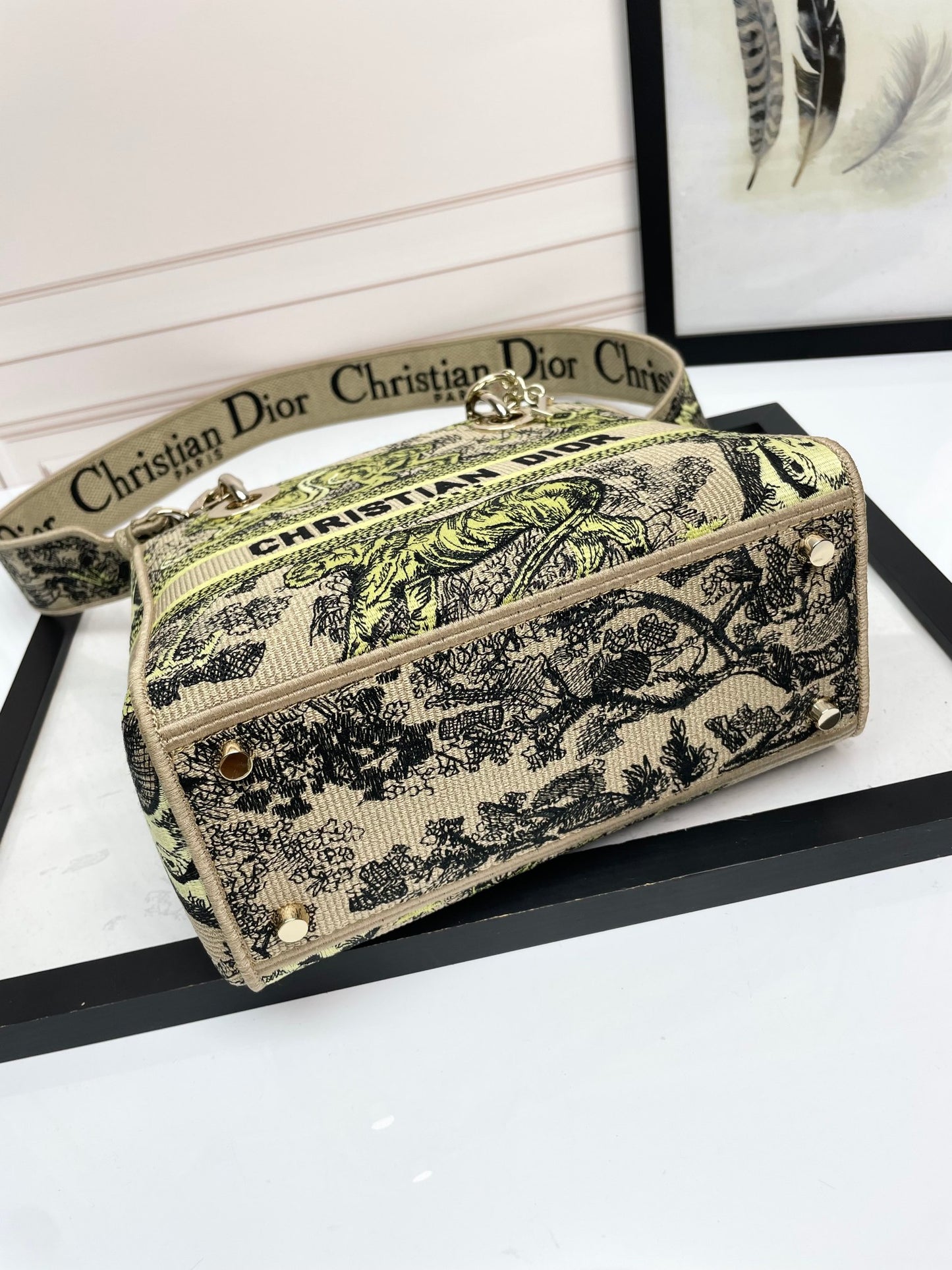 Christian Dior Lady D-Lite Bag - Green & Beige Embroidered Toile de Jouy