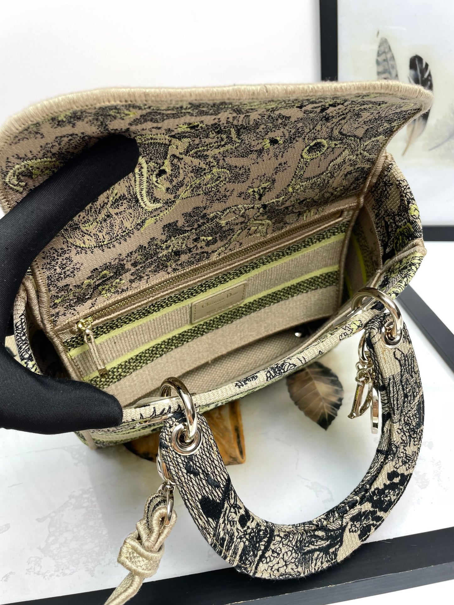 Christian Dior Lady D-Lite Bag - Green & Beige Embroidered Toile de Jouy