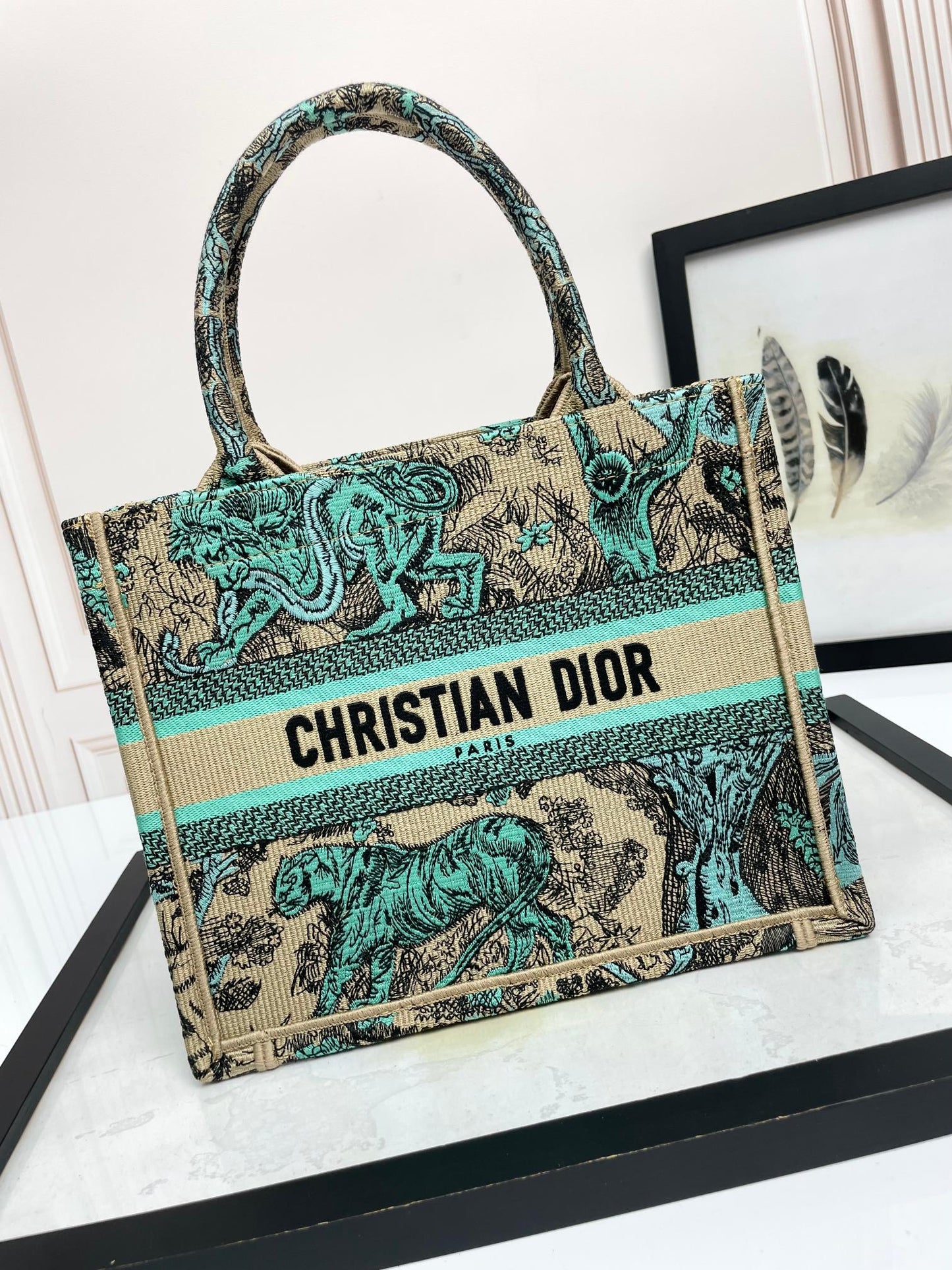 Christian Dior Medium Book Tote Toile de Jouy Reverse Canvas Green & Beige