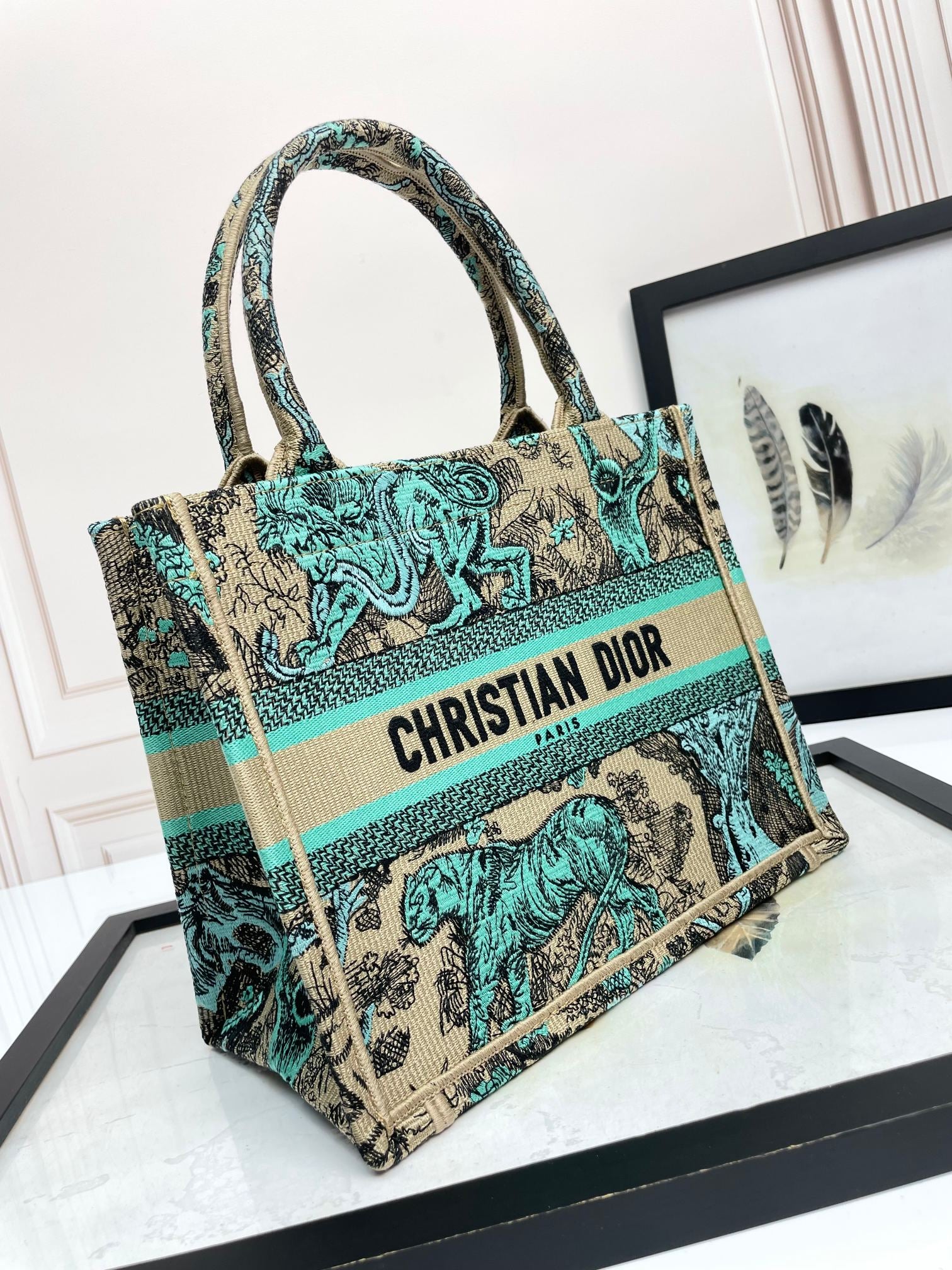 Christian Dior Medium Book Tote Toile de Jouy Reverse Canvas Green & Beige