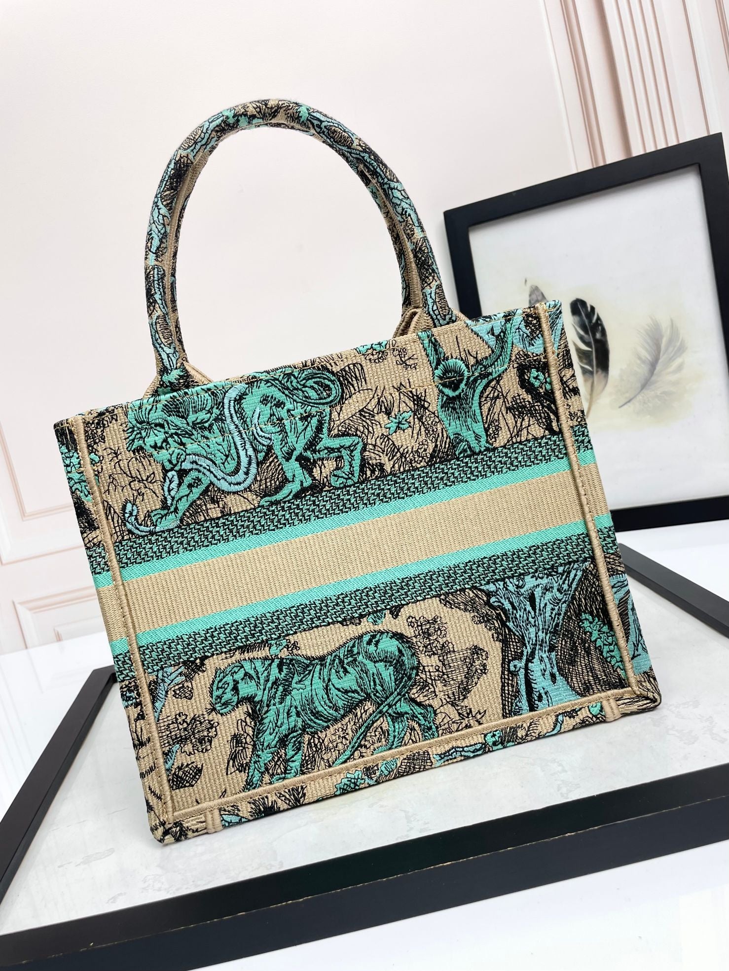 Christian Dior Medium Book Tote Toile de Jouy Reverse Canvas Green & Beige