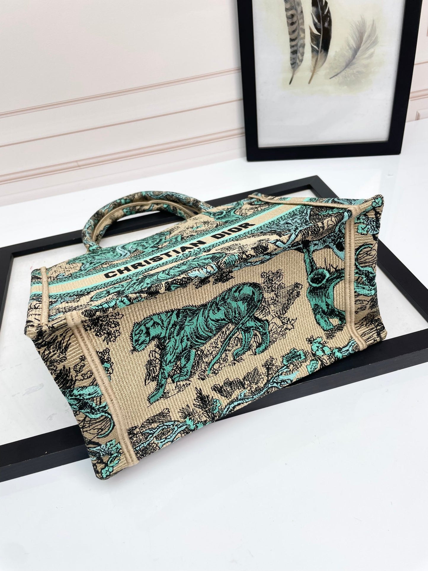 Christian Dior Medium Book Tote Toile de Jouy Reverse Canvas Green & Beige
