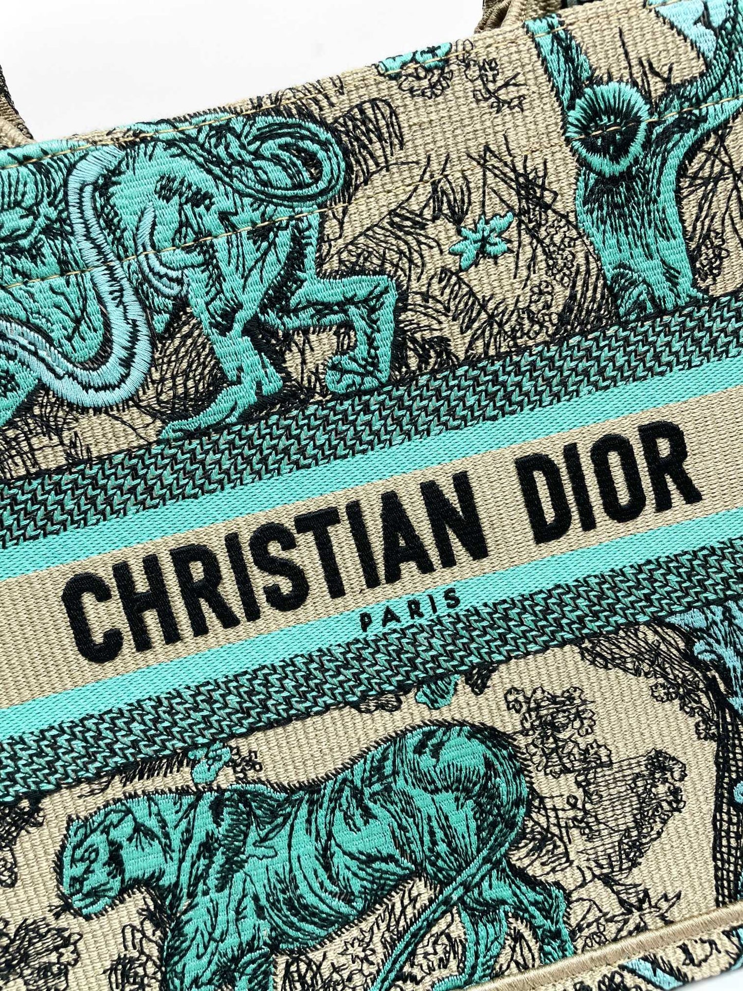 Dior Teal and Beige Embroidered Animal Print Canvas Tote Bag