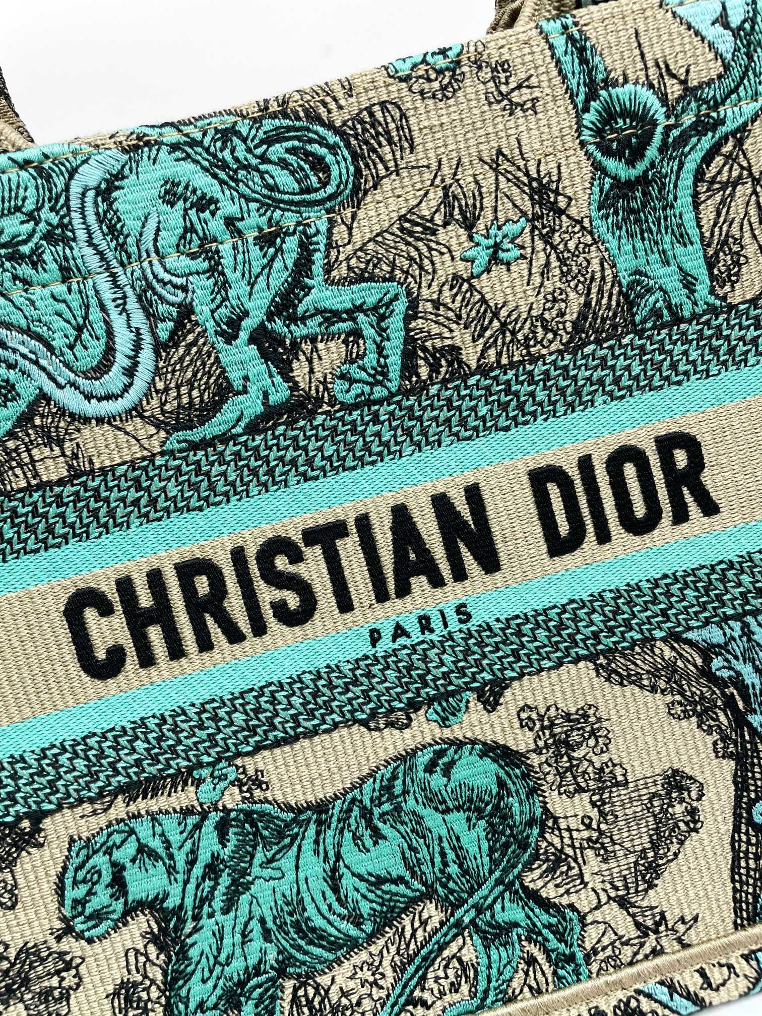 Dior Teal and Beige Embroidered Animal Print Canvas Tote Bag