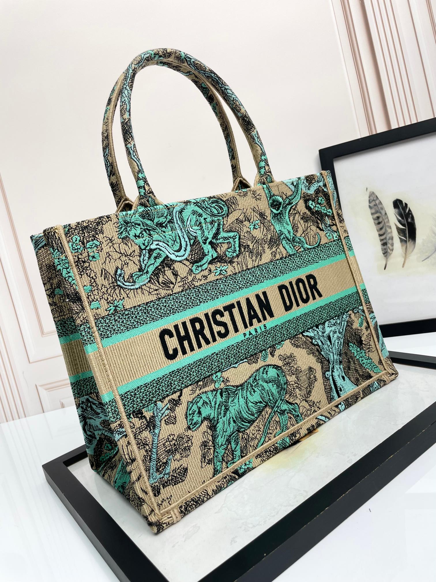 Christian Dior Book Tote Bag Green Toile de Jouy Sauvage Embroidered Canvas