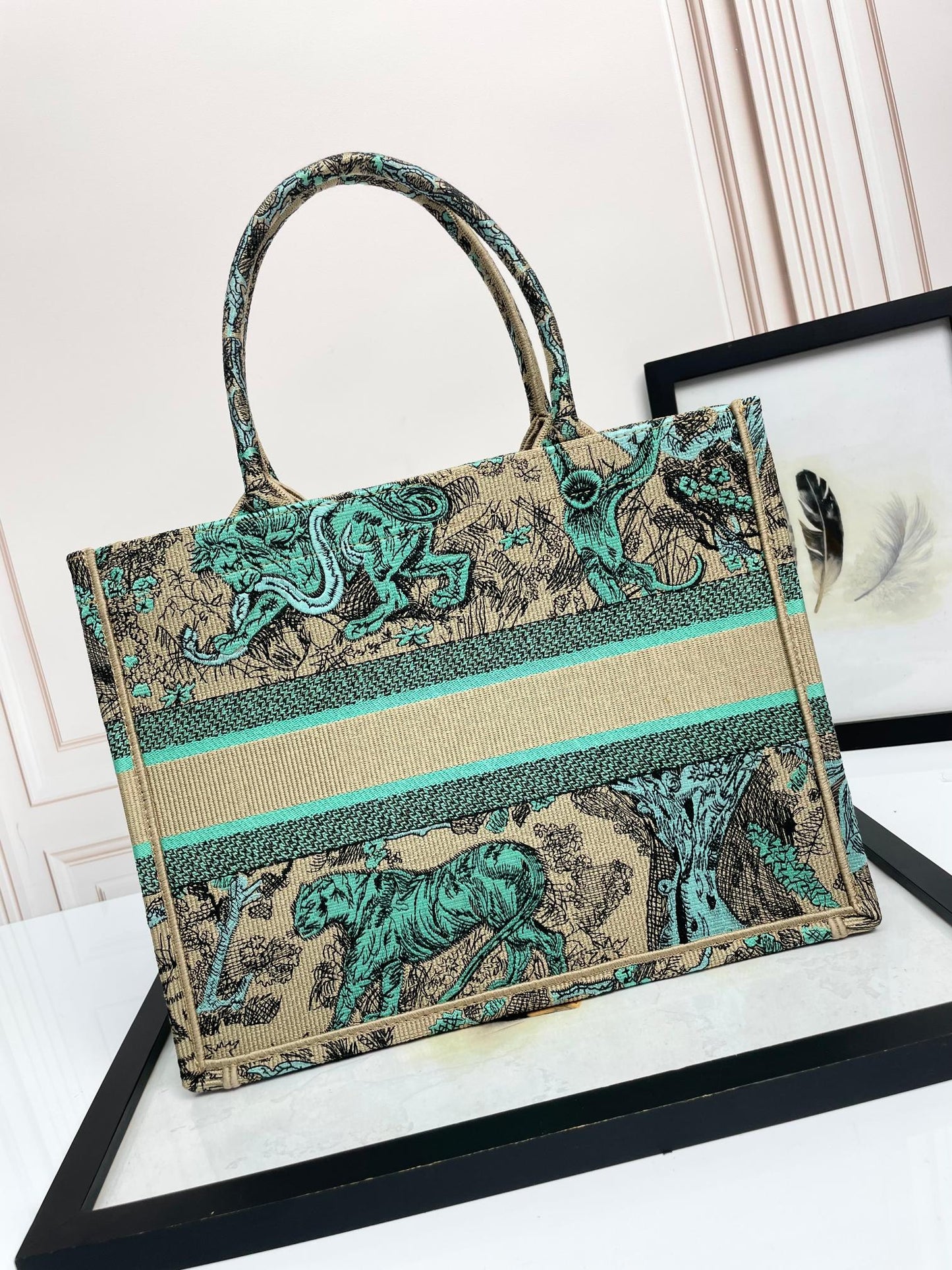 Christian Dior Book Tote Bag Green Toile de Jouy Sauvage Embroidered Canvas