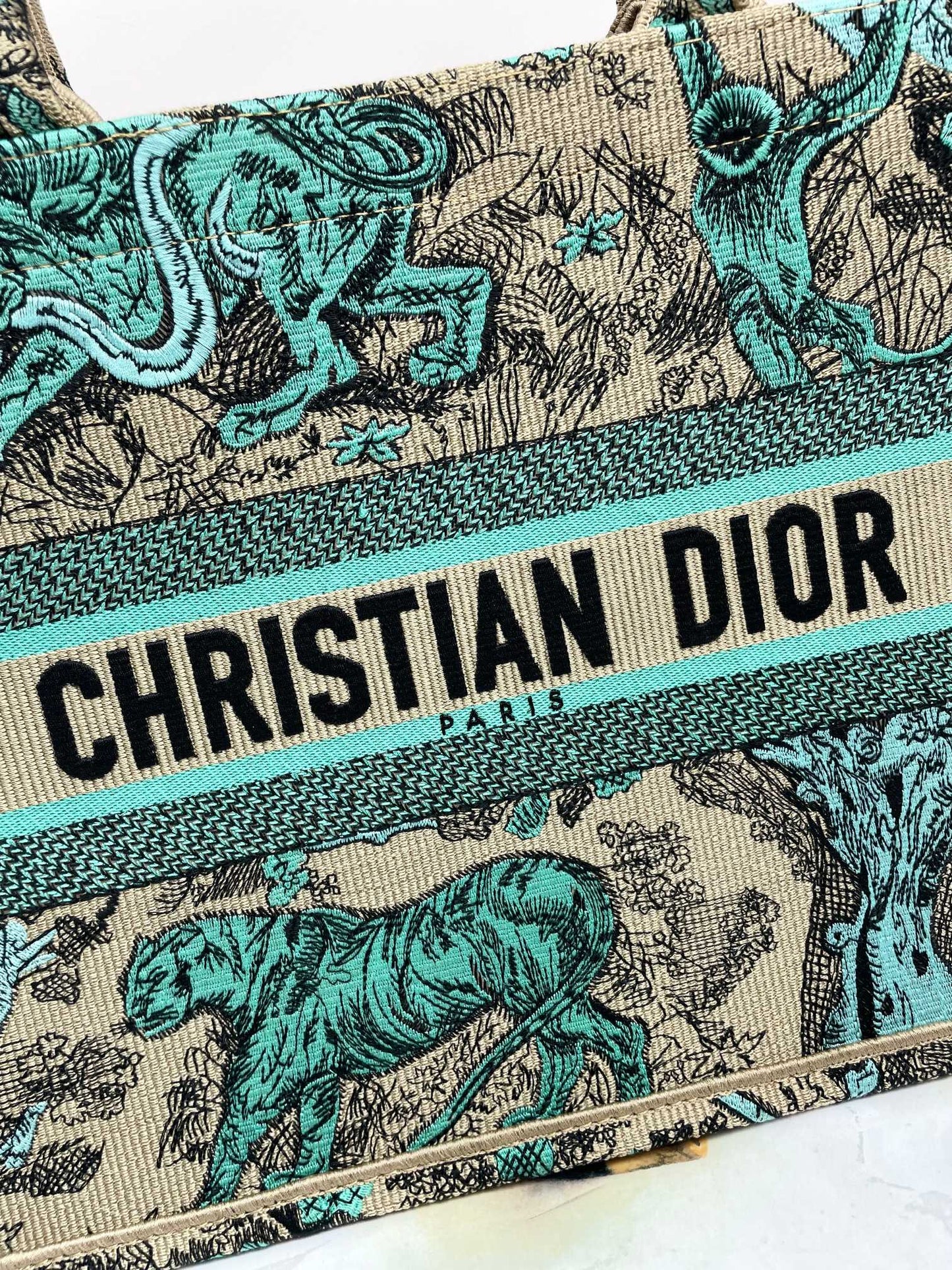 Christian Dior Book Tote Bag Green Toile de Jouy Sauvage Embroidered Canvas