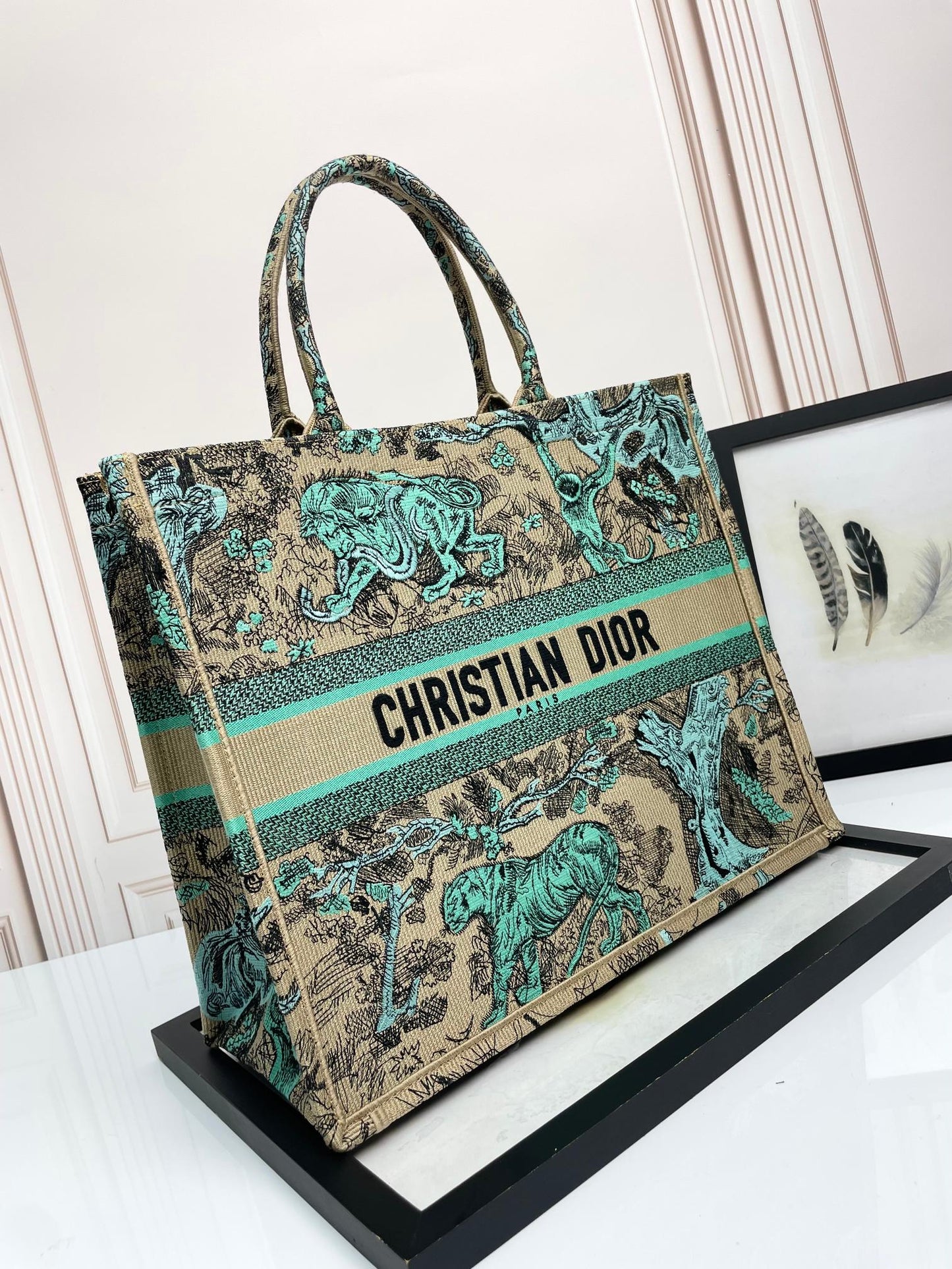 Dior Embroidered Green Animal Print Canvas Tote Bag with Top Handles