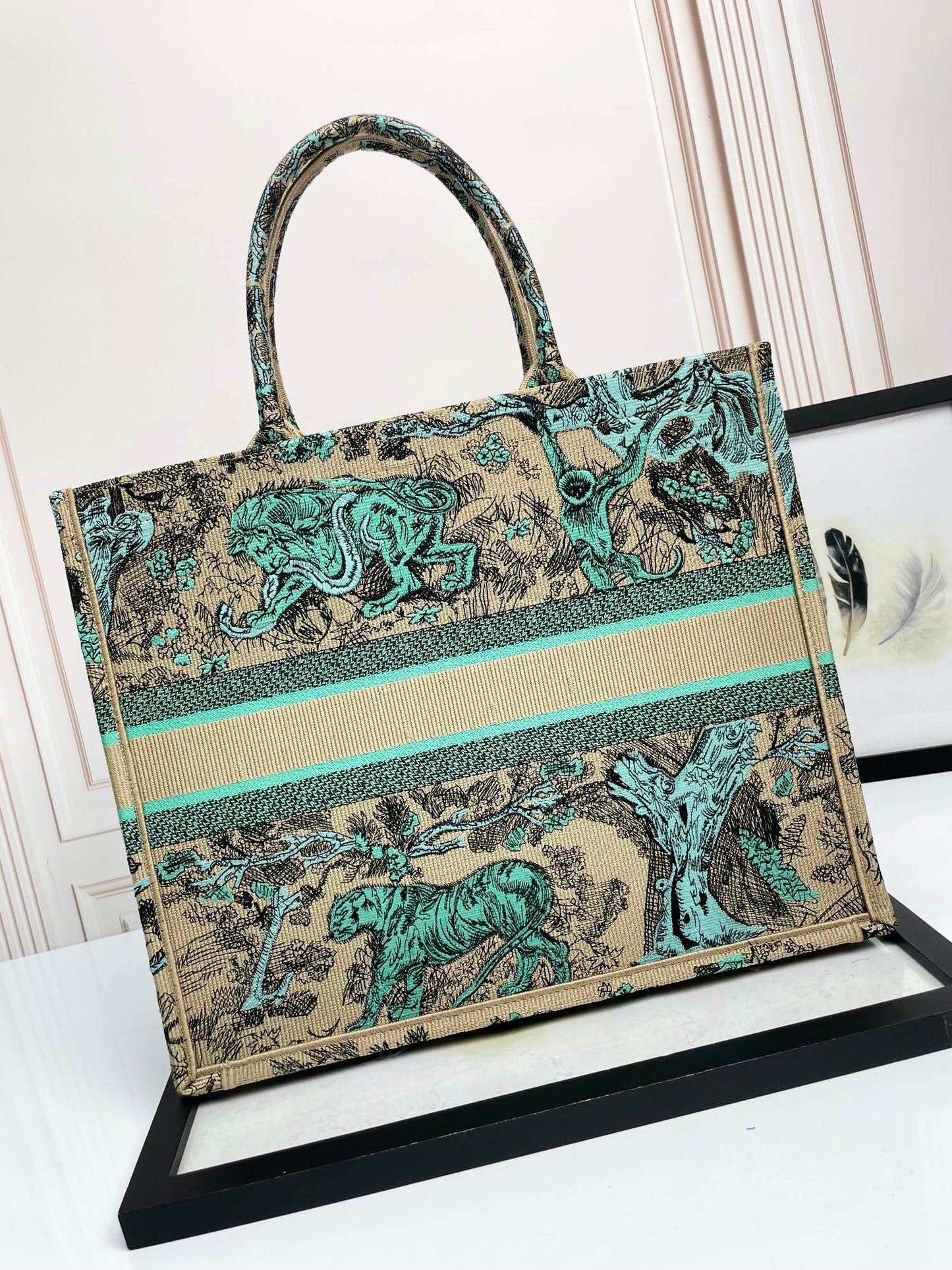 Dior Embroidered Green Animal Print Canvas Tote Bag with Top Handles