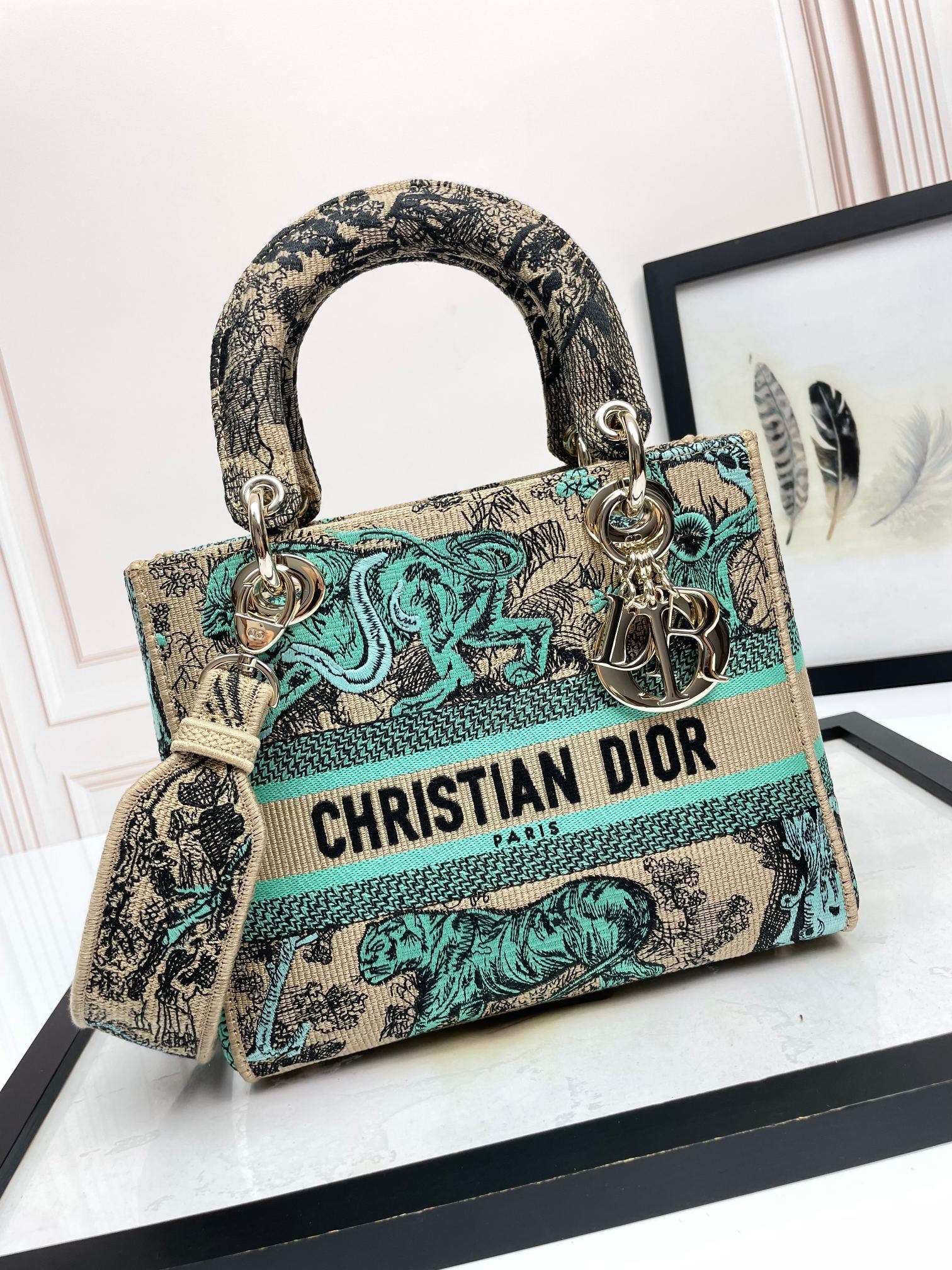 Christian Dior Medium Lady D-Lite Bag - Embroidered Toile de Jouy - Green and Beige