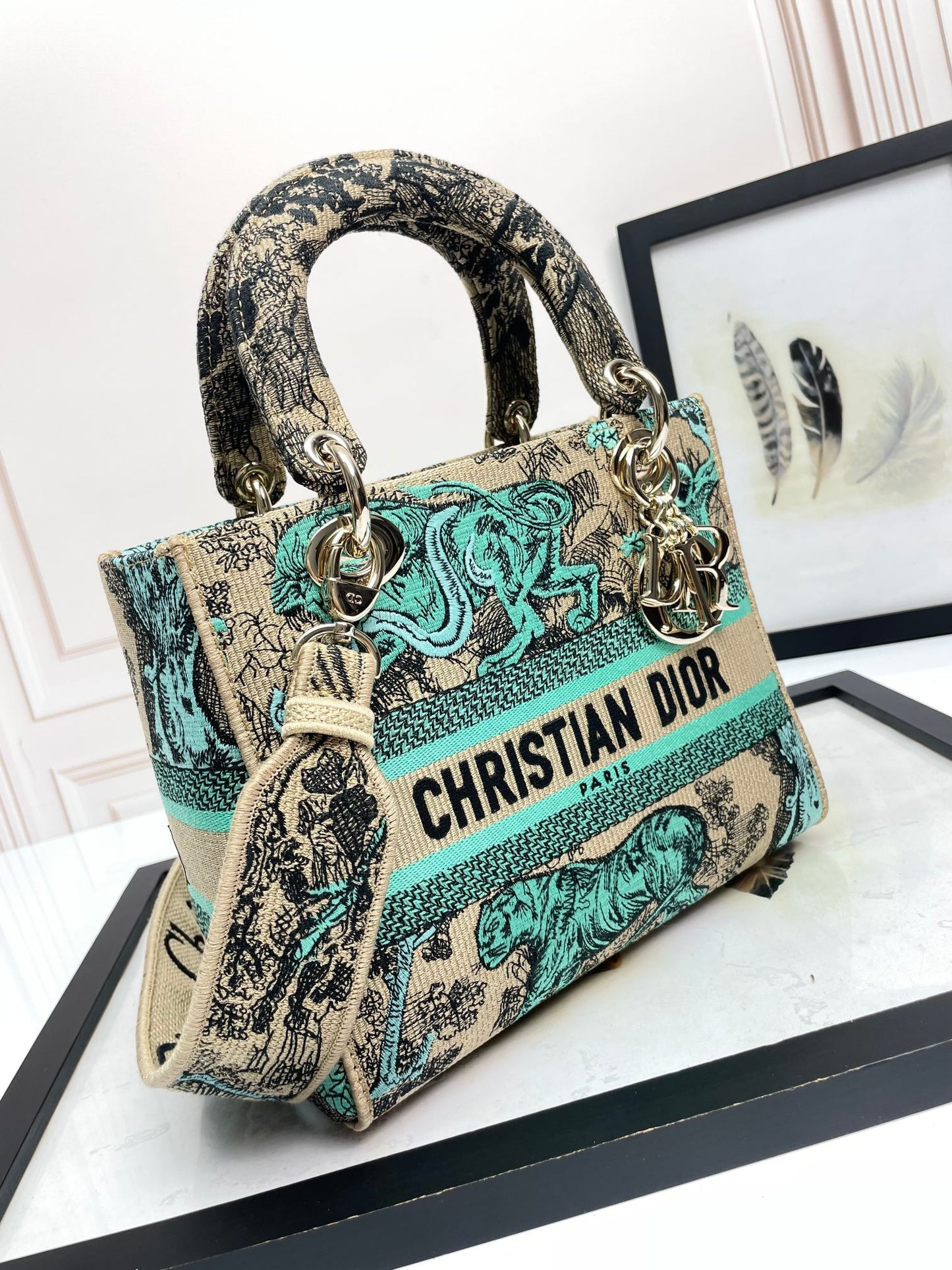 Christian Dior Medium Lady D-Lite Bag - Embroidered Toile de Jouy - Green and Beige