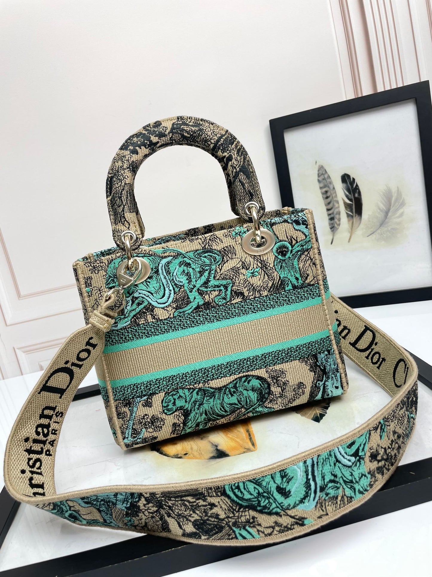 Christian Dior Medium Lady D-Lite Bag - Embroidered Toile de Jouy - Green and Beige