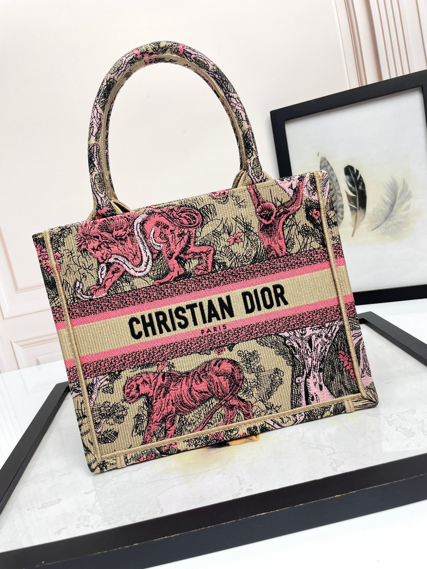 Christian Dior Medium Book Tote Toile de Jouy Tiger Embroidery Beige and Pink Canvas Handbag