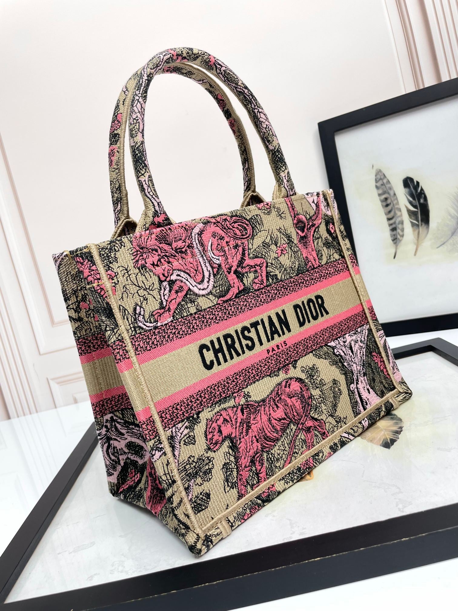 Christian Dior Medium Book Tote Toile de Jouy Tiger Embroidery Beige and Pink Canvas Handbag