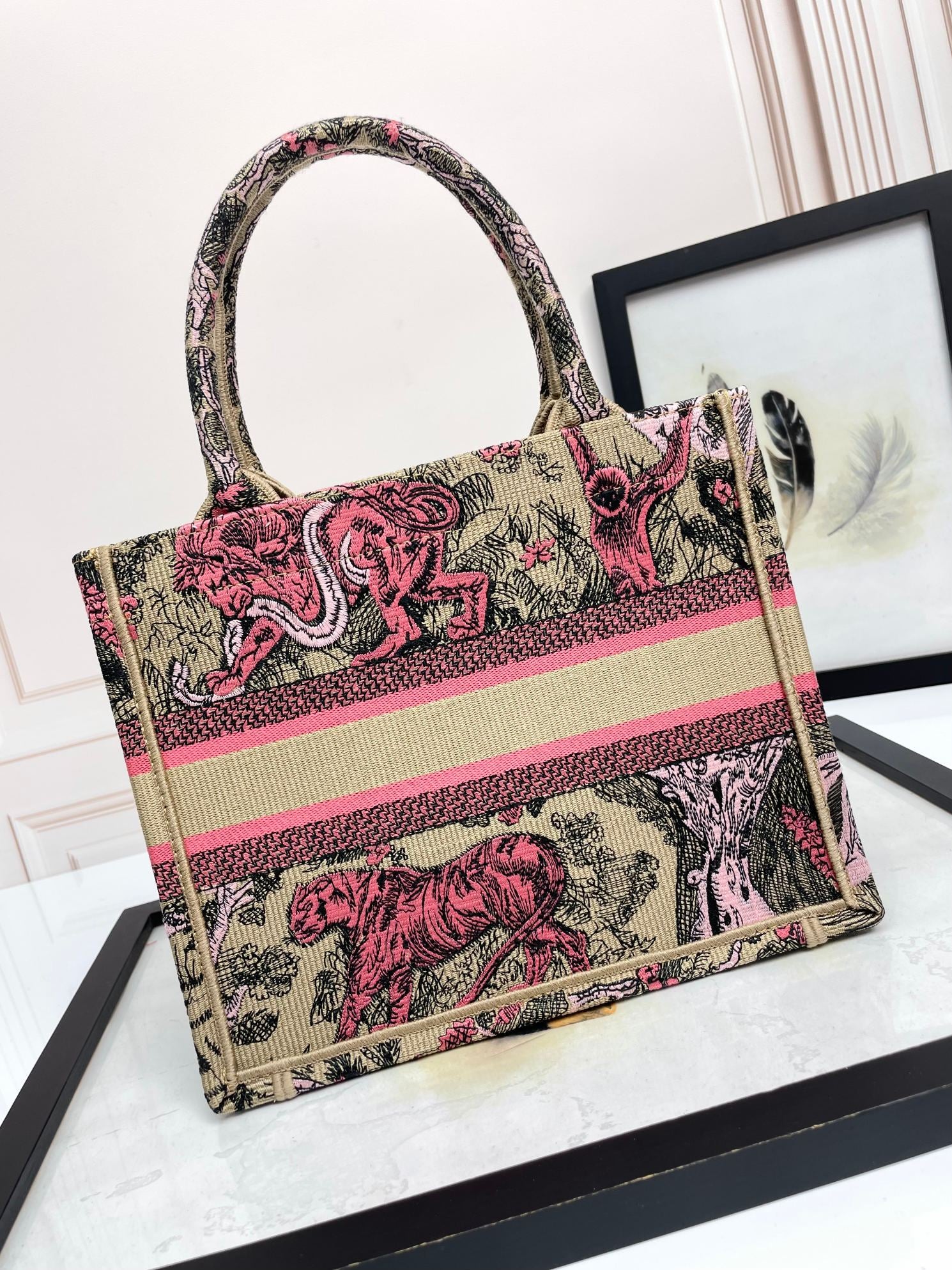 Christian Dior Medium Book Tote Toile de Jouy Tiger Embroidery Beige and Pink Canvas Handbag