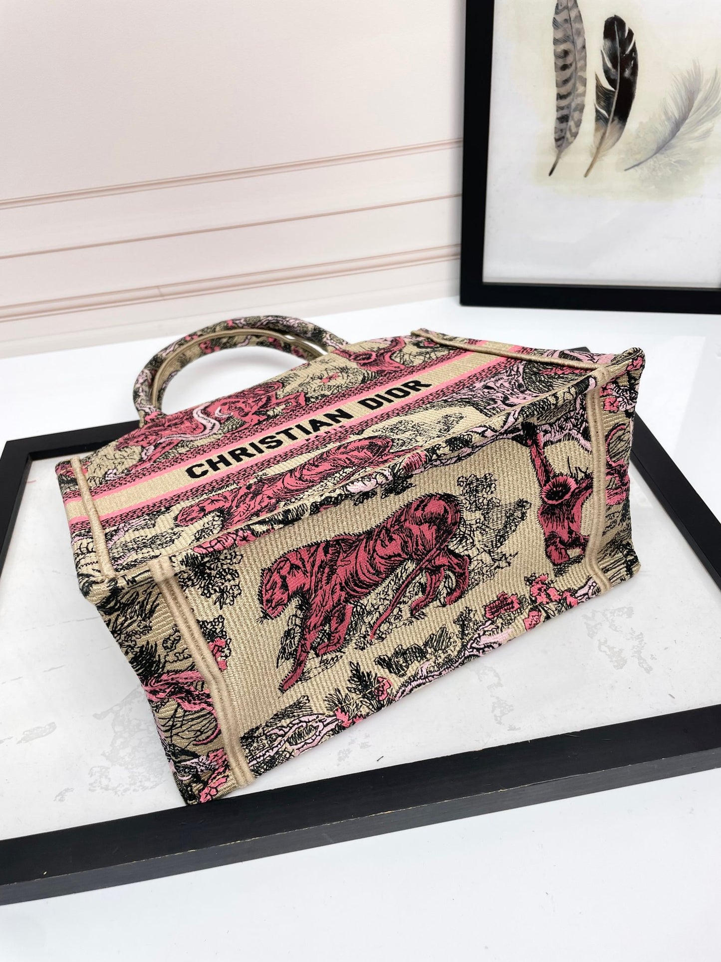 Christian Dior Medium Book Tote Toile de Jouy Tiger Embroidery Beige and Pink Canvas Handbag