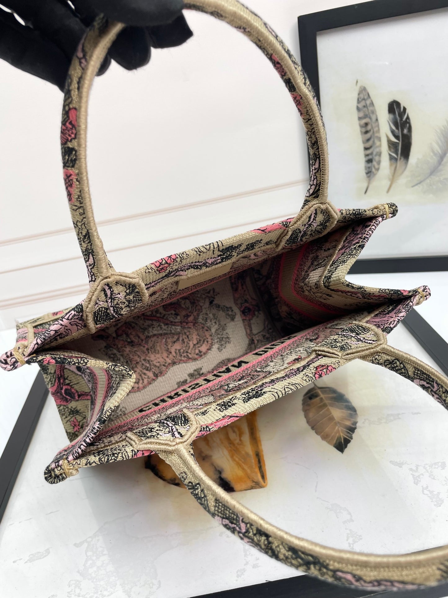 Christian Dior Medium Book Tote Toile de Jouy Tiger Embroidery Beige and Pink Canvas Handbag