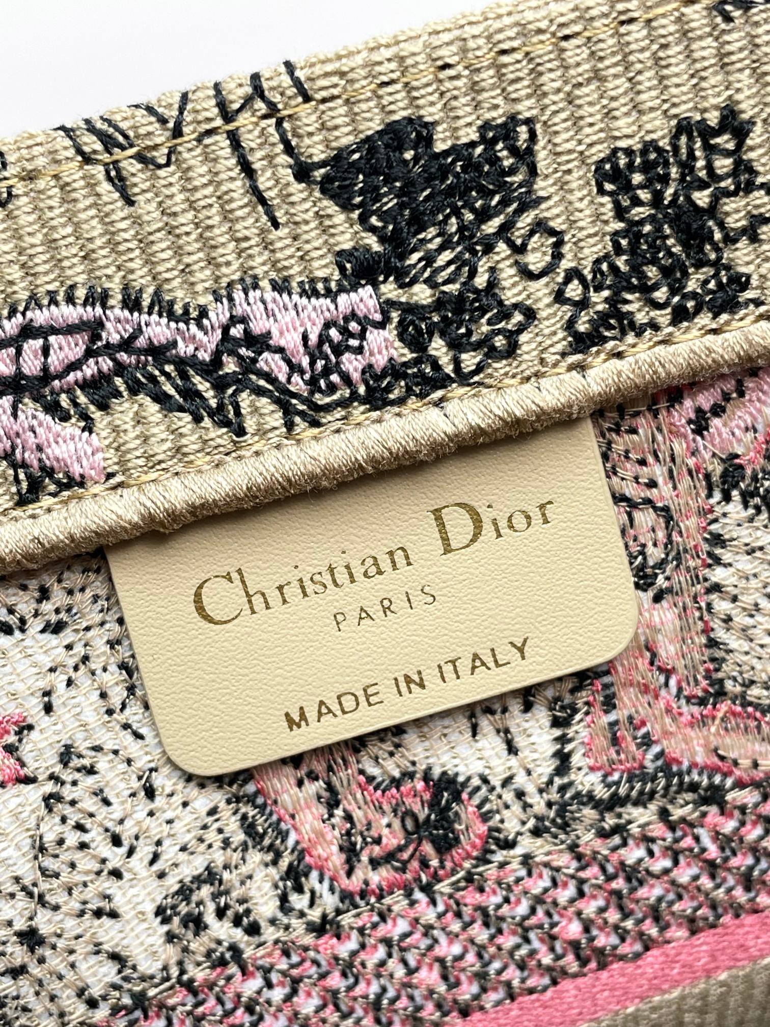 Christian Dior Medium Book Tote Toile de Jouy Tiger Embroidery Beige and Pink Canvas Handbag