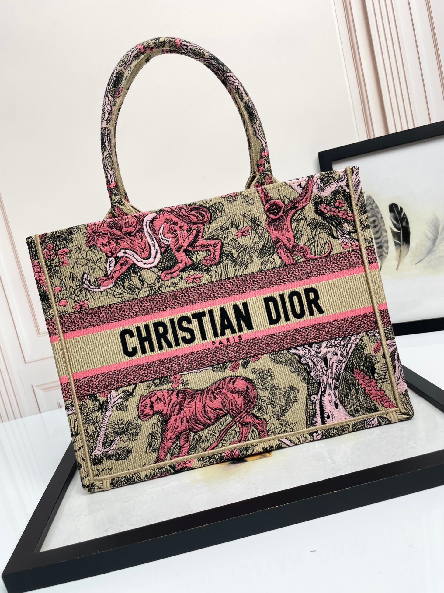 Christian Dior Book Tote Pink Toile de Jouy Sauvage Embroidery Handbag
