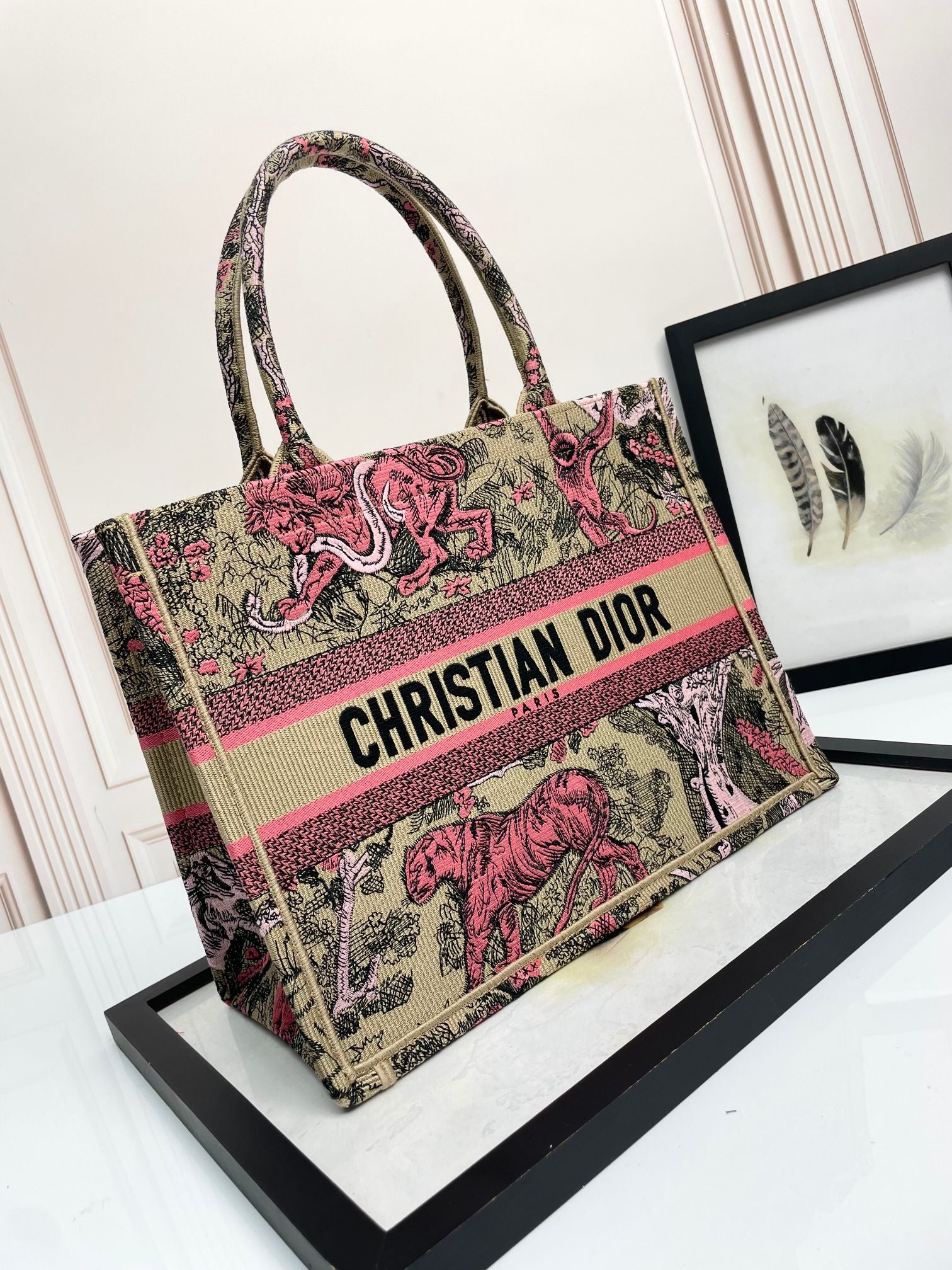 Dior Vintage Tiger Print Canvas Tote Bag Pink and Beige Handbag